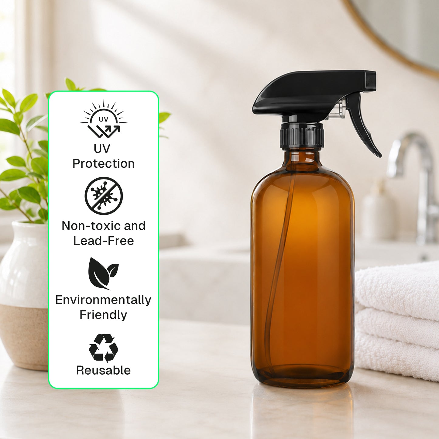 Behome 2-Pack Amber Glass Spray Bottles, 16.9 oz Refillable Spray Bottles with Adjustable Nozzles for Essential Oils, Plants, Cleaning Solutions, Hair Care