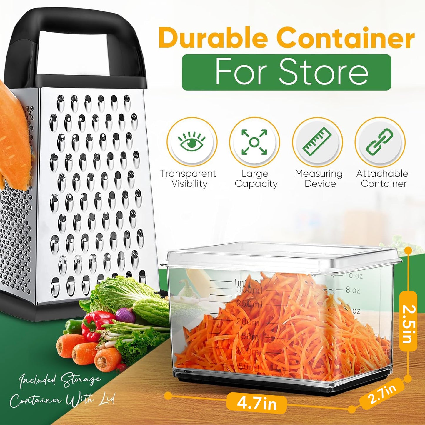 Behome Cheese Grater with Container, 4-Side Stainless Steel Cheese Shredder & Vegetable Chopper with Slip Resistant Handle, Box Grater for Fruit, Vegetables, Ginger