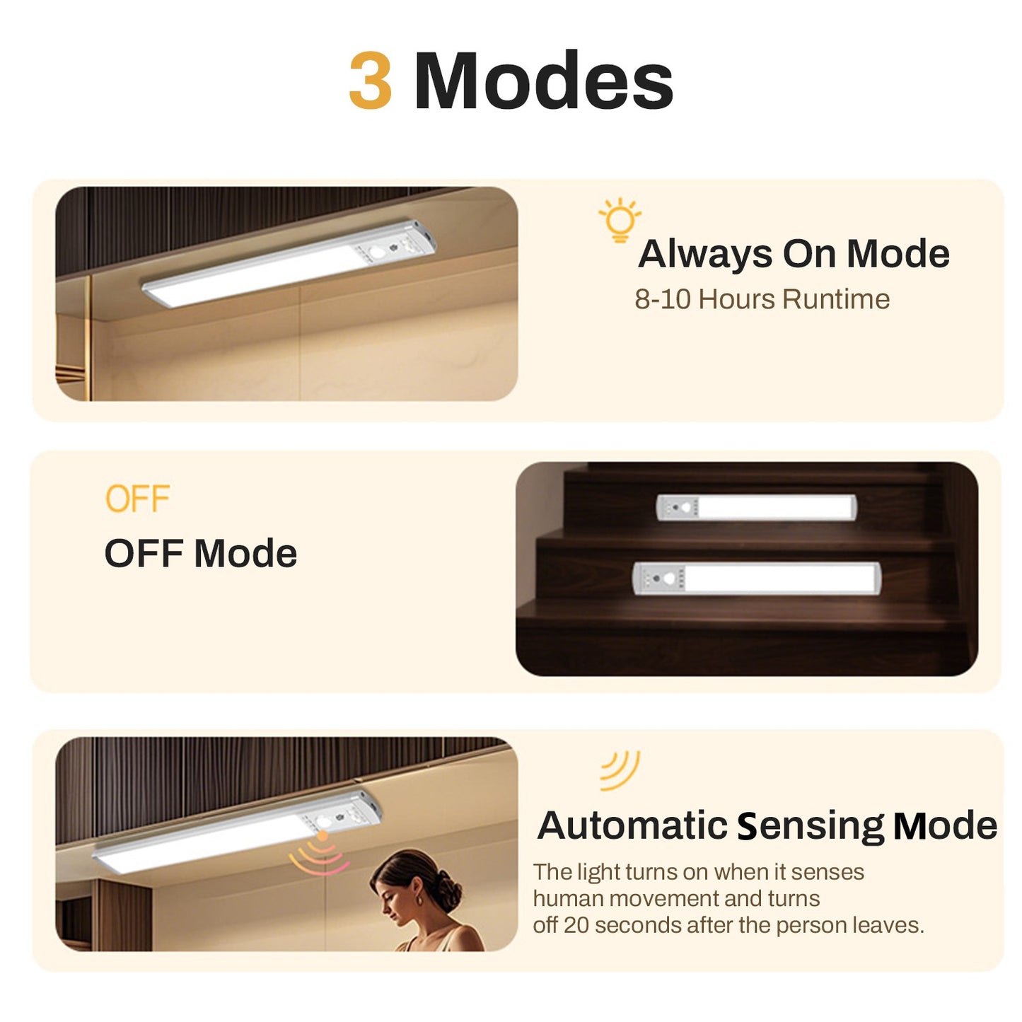 Behome 2 Pack Under Cabinet Lighting, 9.5’’ Rechargeable Motion Sensor Light Indoor with 3 Colors and Stepless Brightness, Magnetic Closet Lights Wireless for Kitchen, Stairs, Hallway
