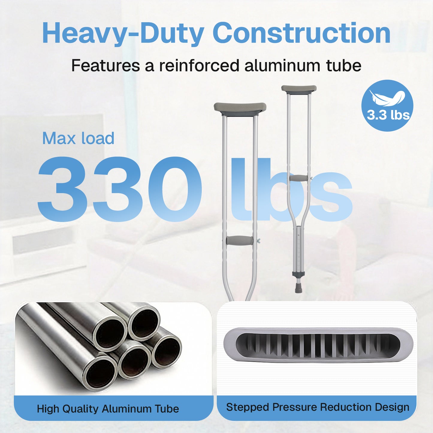 BN-LINK Adjustable Crutches for Adults,Lightweight Aluminum Crutches,Walking Crutches with Underarm Pad and Handgrip,330 LBS Weight Capacity,Heights 4'7" to 6'1",1 Pair