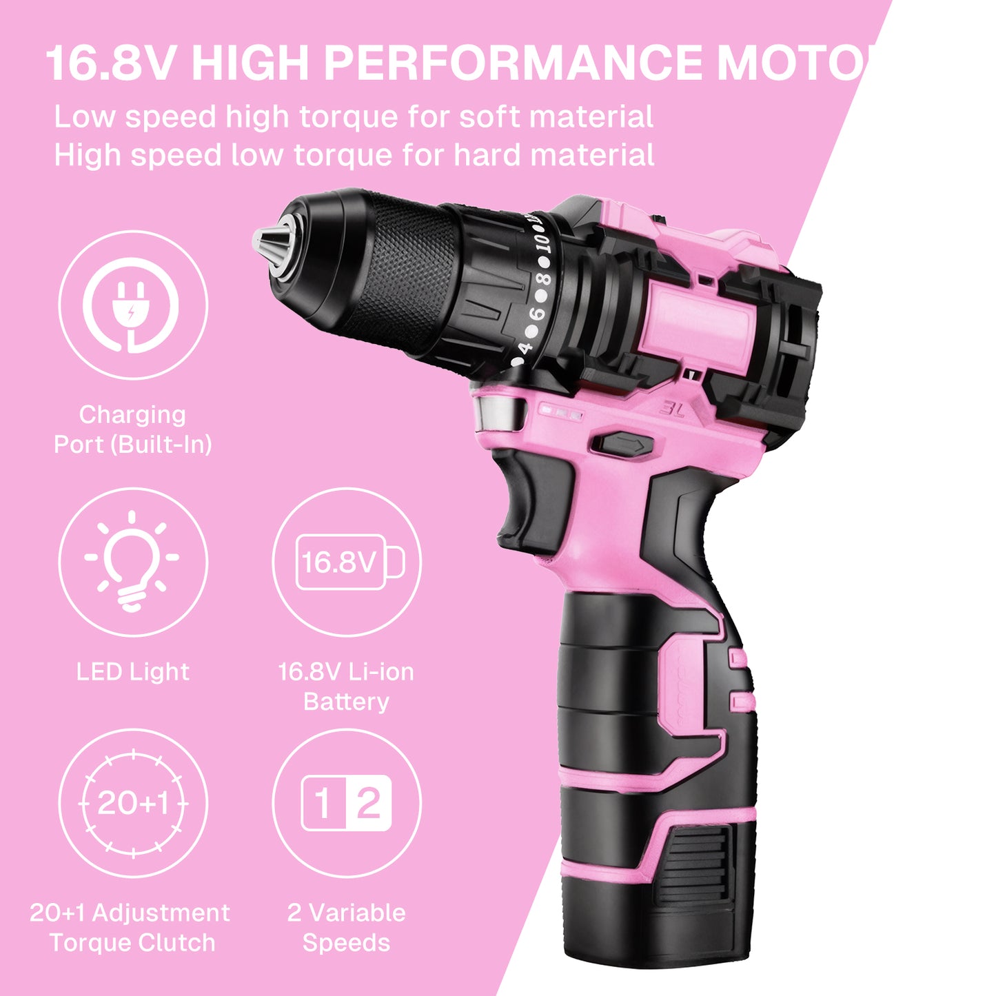 BN-LINK 16.8V Cordless Drill, 66Pcs Electric Power Drill Set, 20+1 Torque Setting,Lightweight Power Drill Tool Set for Home DIY Projects, Pink