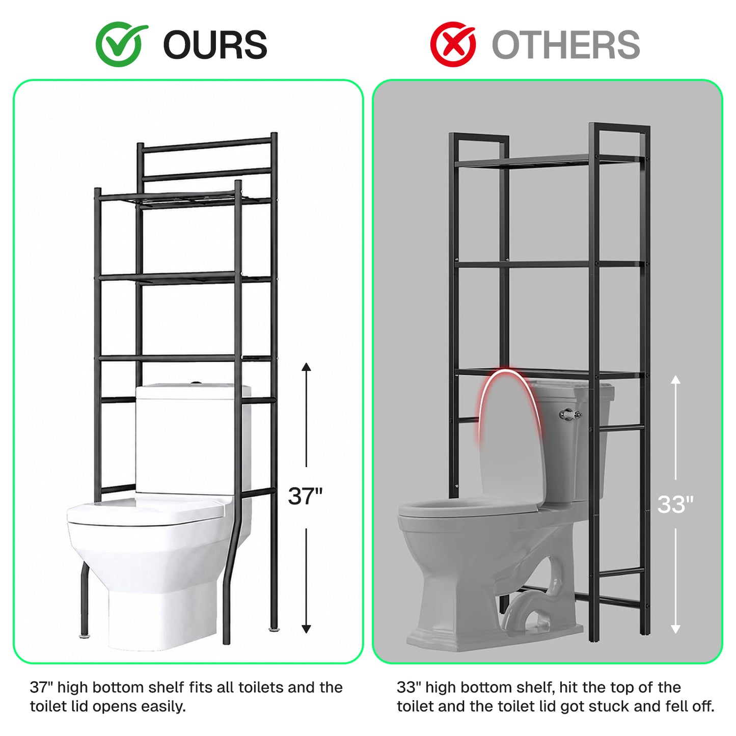 Behome 3-Tier Over The Toilet Storage Shelf, Bathroom Organizer Shelf Over Toilet with 6 Hooks, Freestanding Space Saver Bathroom Storage Shelves