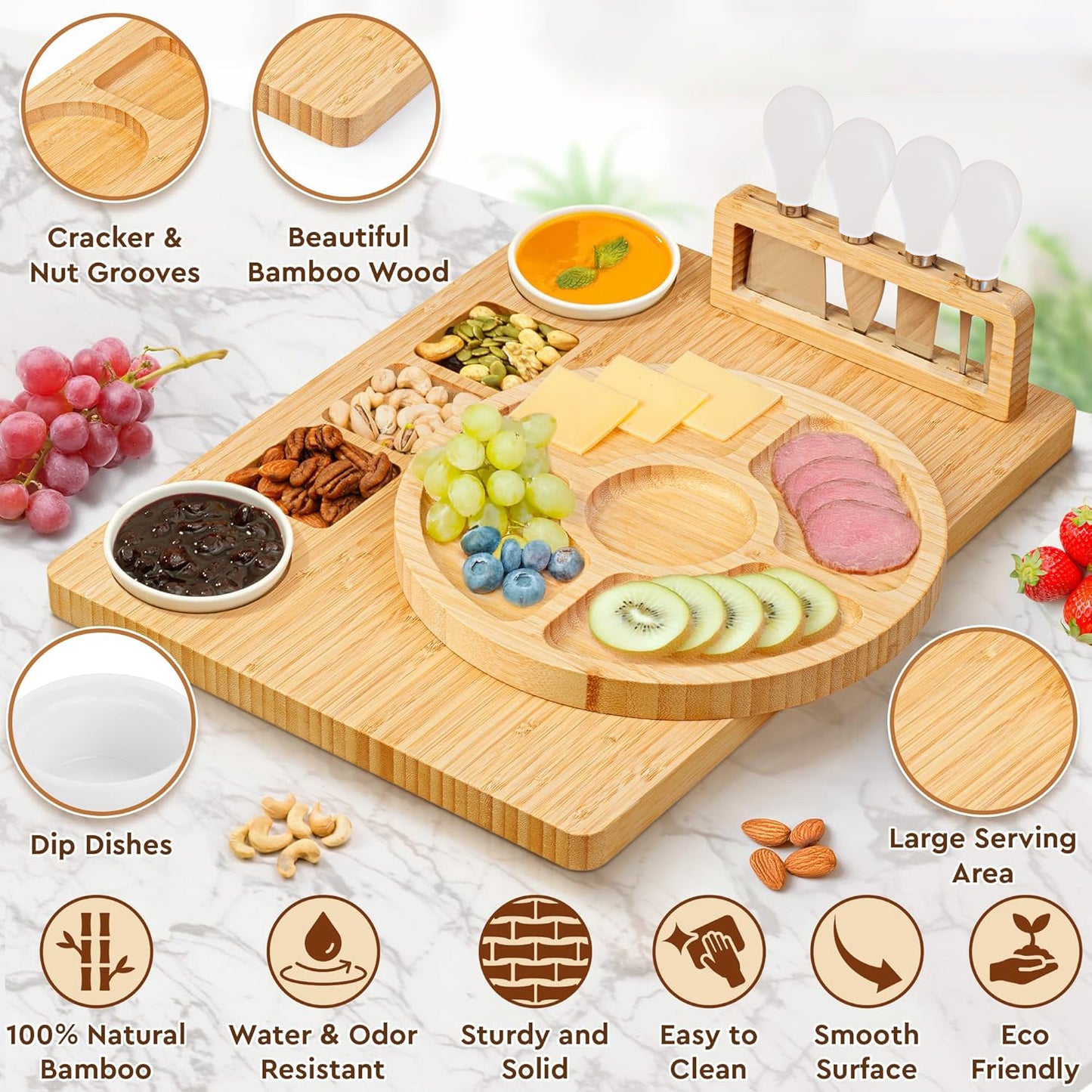 BN-LINK Charcuterie Board Set, Large Cheese Board Set with Accessories, Natural Bamboo Charcuterie Tray Cheese Platter, House Warming Gift & Wedding Gift