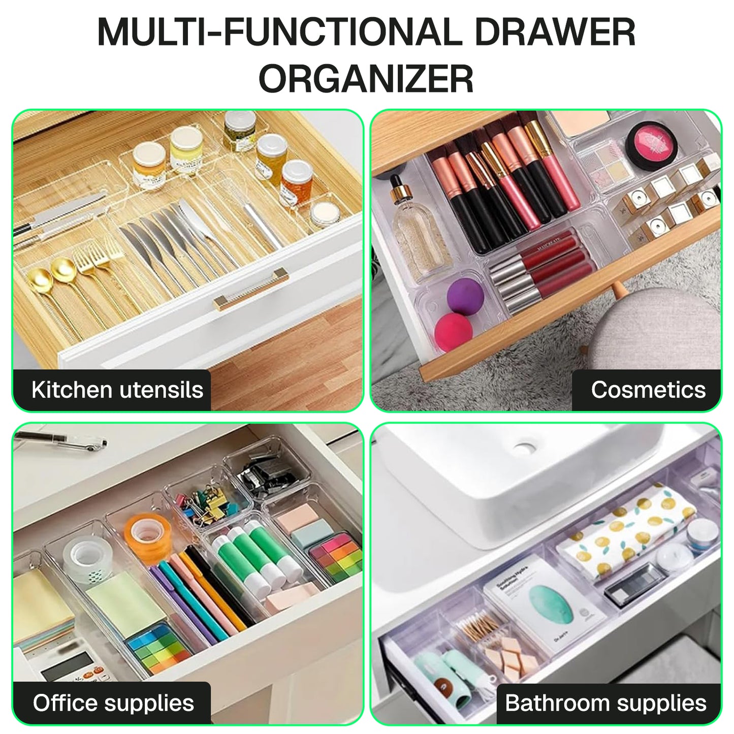 Behome 28 PCS Clear Plastic Drawer Organizers Set, 4-Size Versatile Drawer Organizer Trays, Storage Bins for Bathroom, Office, Makeup, Gadgets