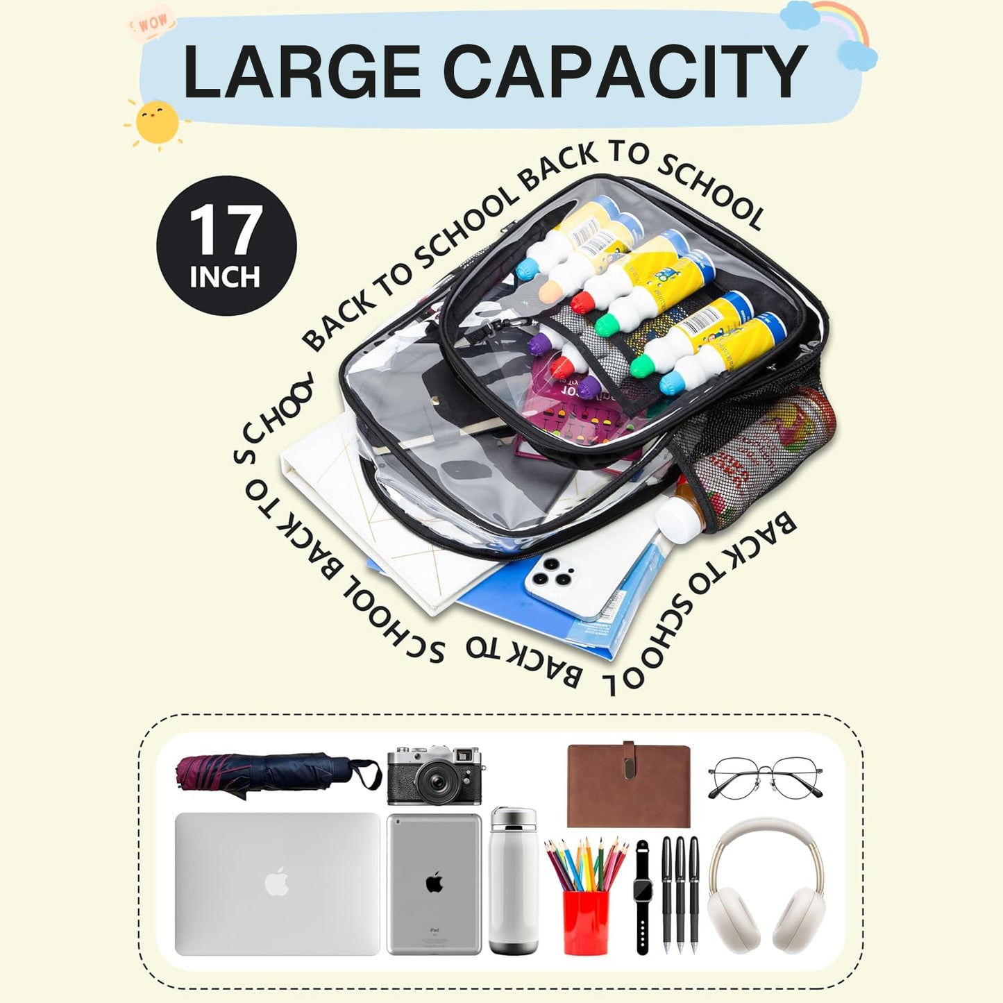 Behome Clear Backpack Heavy Duty PVC, Large Capacity Transparent Backpack with Reinforced Shoulder Straps, Waterproof Clear Bag for Stadium Events, School, Concerts, Festivals