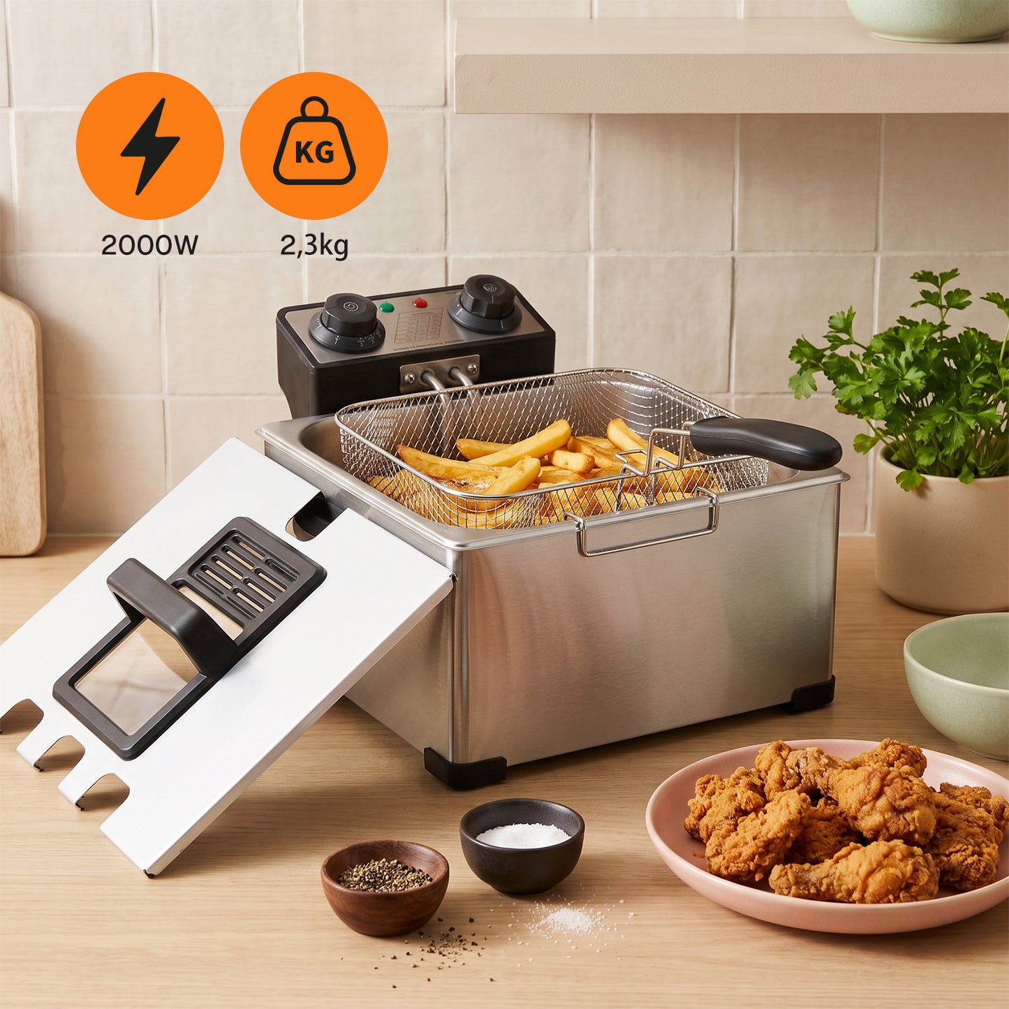 Behome Deep Fryer with 3 Baskets, 1400W 4.5QT/5L Thickened Stainless Steel Countertop Electric Oil Fryer, Easy Clean with Adjustable Temperature & Timer, Silver