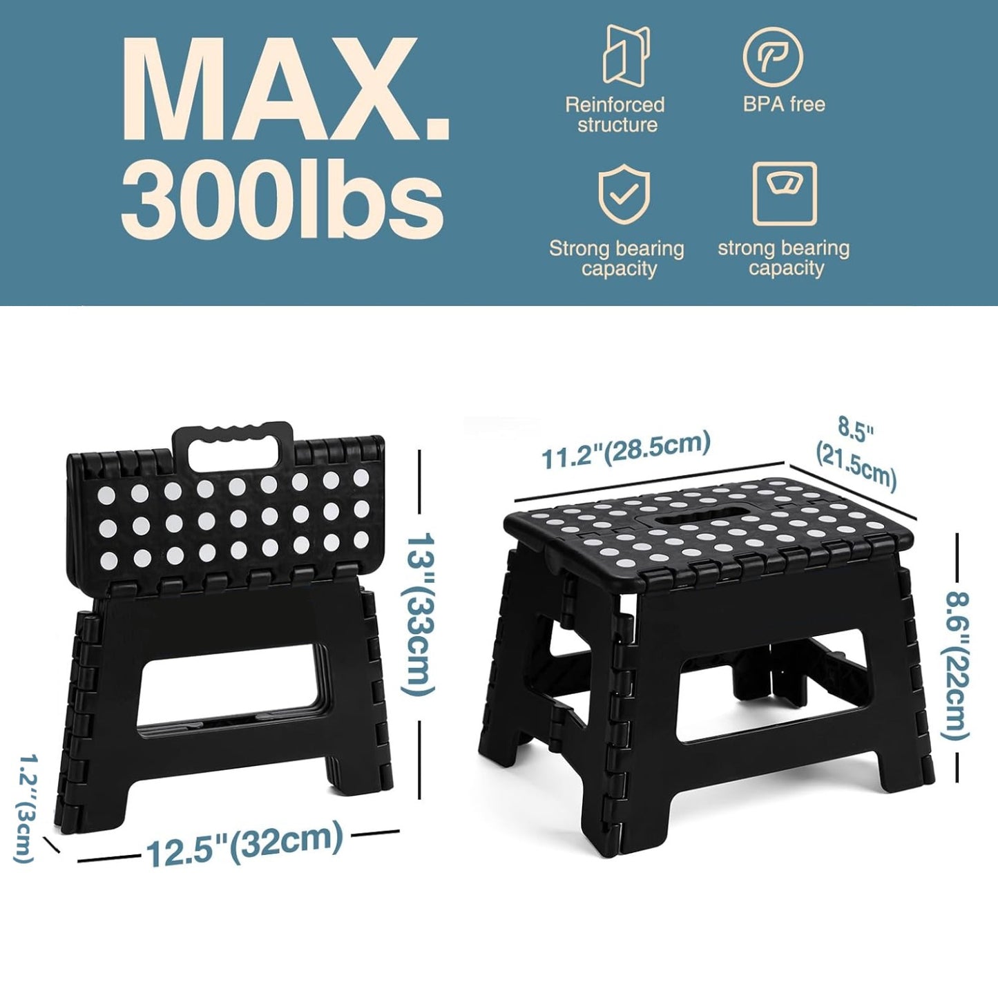Behome Folding Step Stool, 9 Inch Non-Slip Foot Stool with Handle, Up to 300 LBS, Lightweight Foldable Step Stool for Kitchen, Bathroom, Bedroom, Outdoor, Black