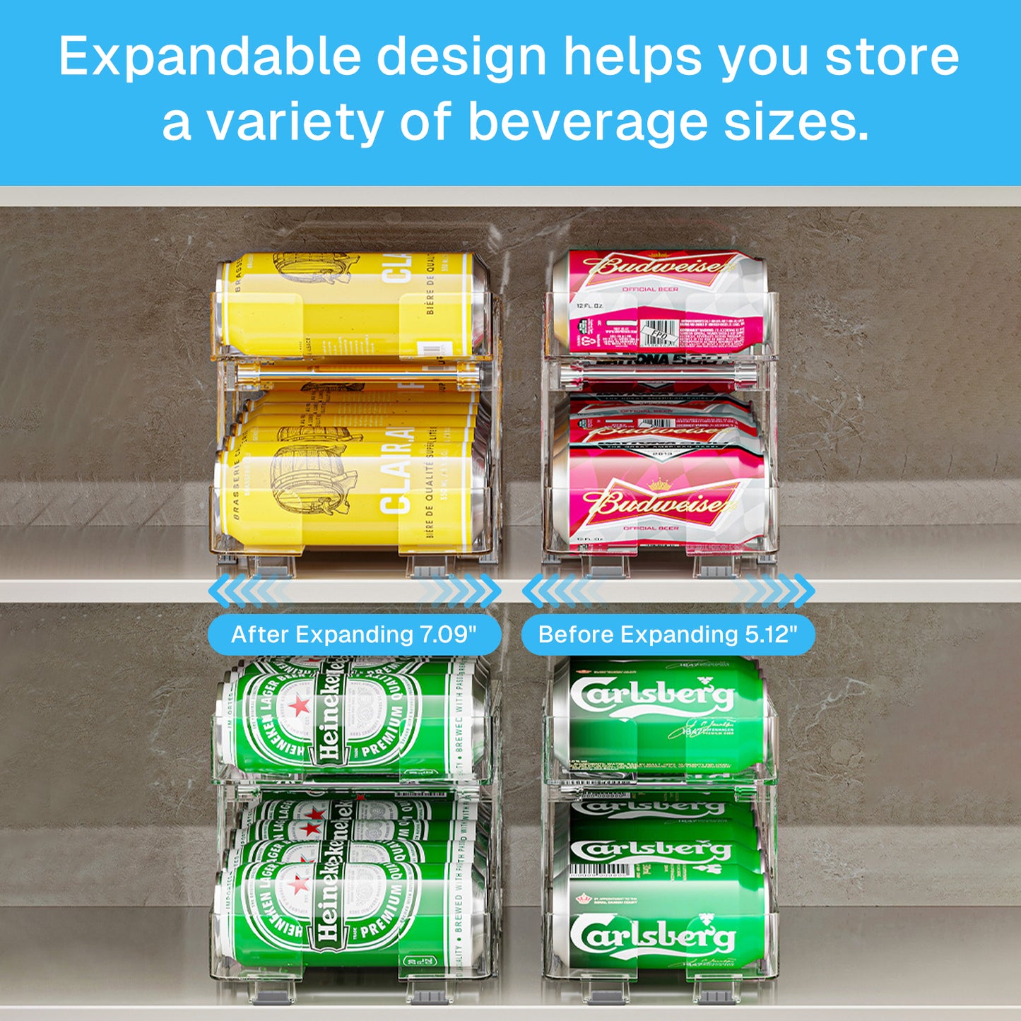 Behome 2 Pack Soda Can Organizer, Width Adjustable Soda Can Dispenser, Expandable Clear Drink Organizer for Refrigerator, Kitchen, Pantry