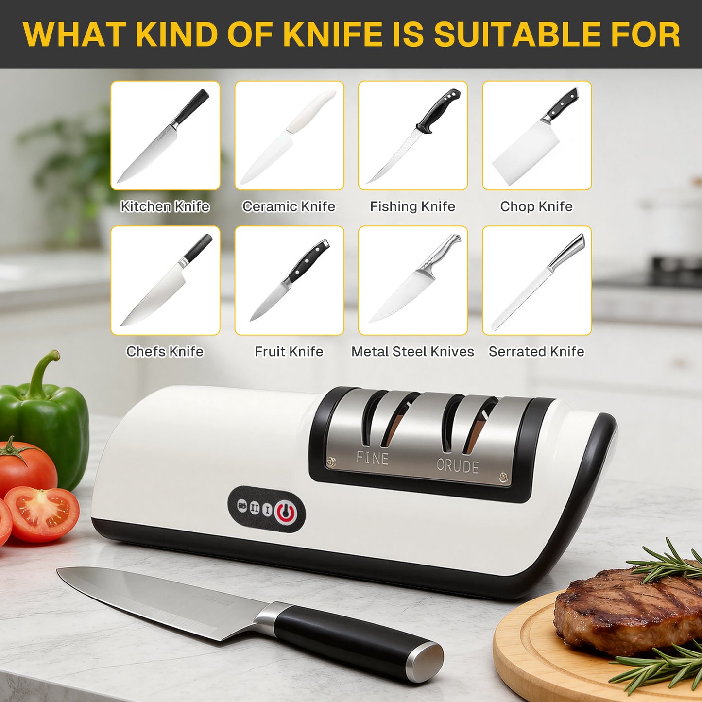 Behome Knife Sharpener, Electric Knife Sharpener for Kitchen, 2 Stages of Coarse Sharpening & Fine Polishing, Fast & Safe Sharpening for Chef Knives, Home Use & Beginners (White)
