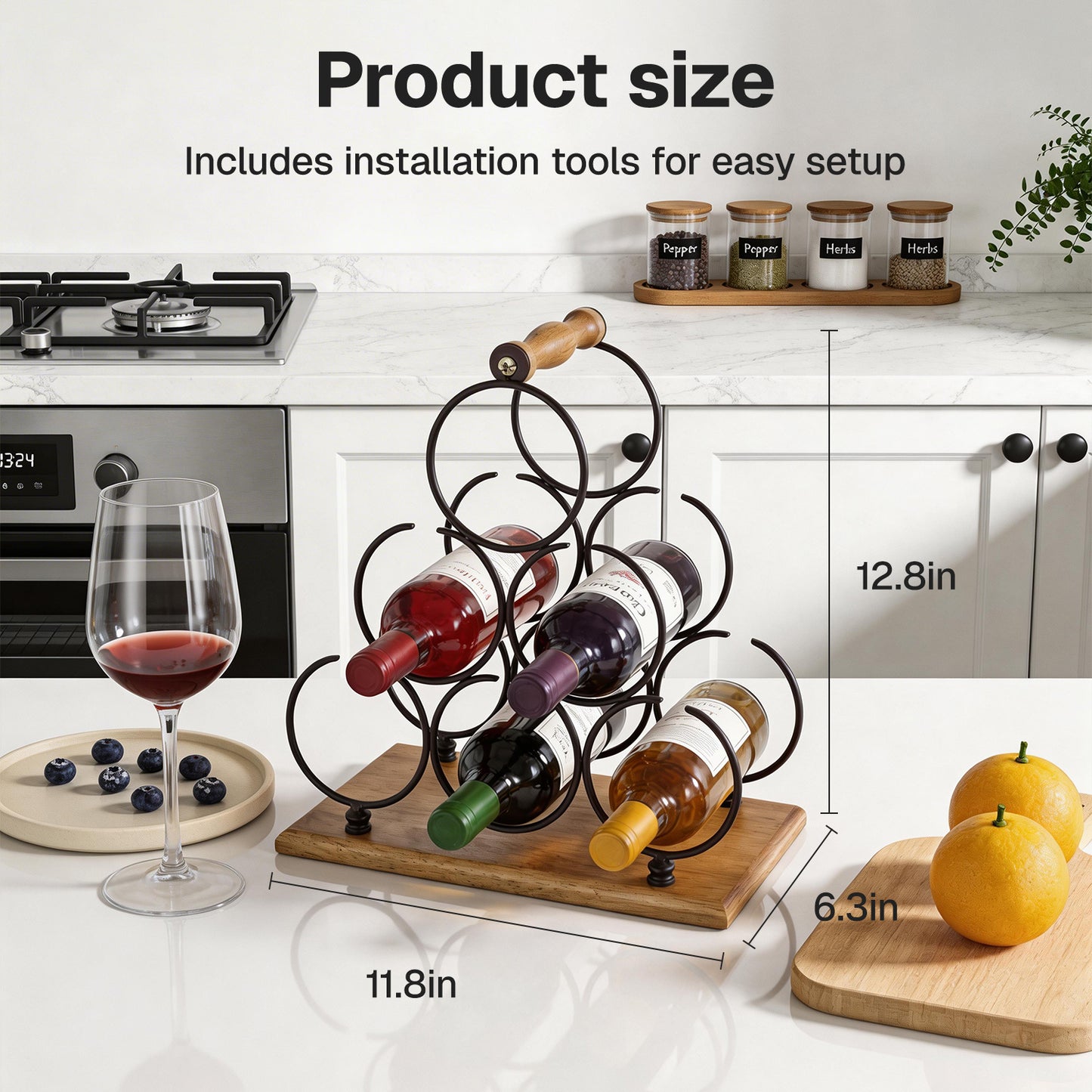 Behome Countertop Wine Rack, 6 Bottles Tabletop Wine Bottle Holder, Wood Handle & Base, for Home Decor, Bar, Wine Cellar, Cabinet, Pantry, etc