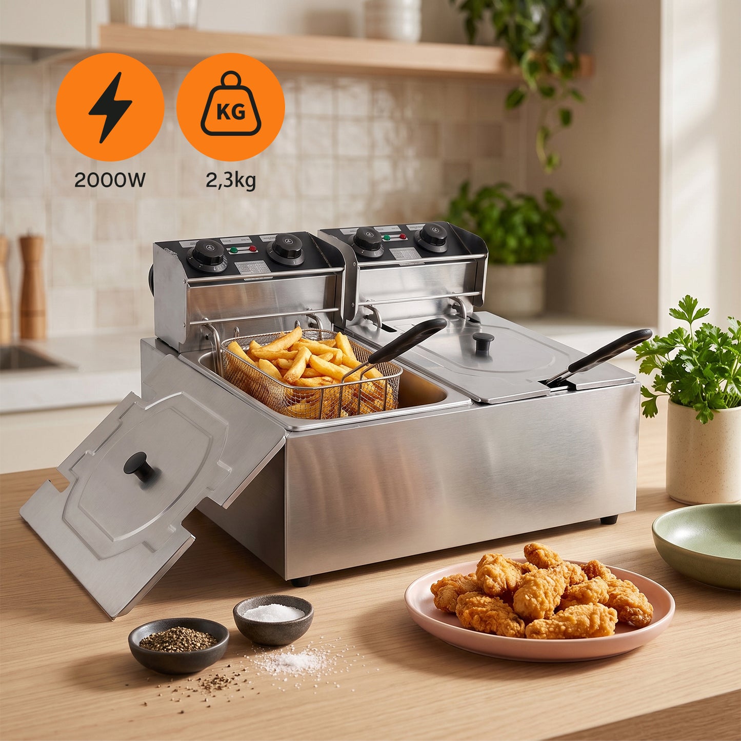 Behome Deep Fryer with 2 Baskets, 3000W 6.34QT/6L x 2 Thickened Stainless Steel Countertop Electric Oil Fryer, Easy Clean with Adjustable Temperature & Timer, Silver