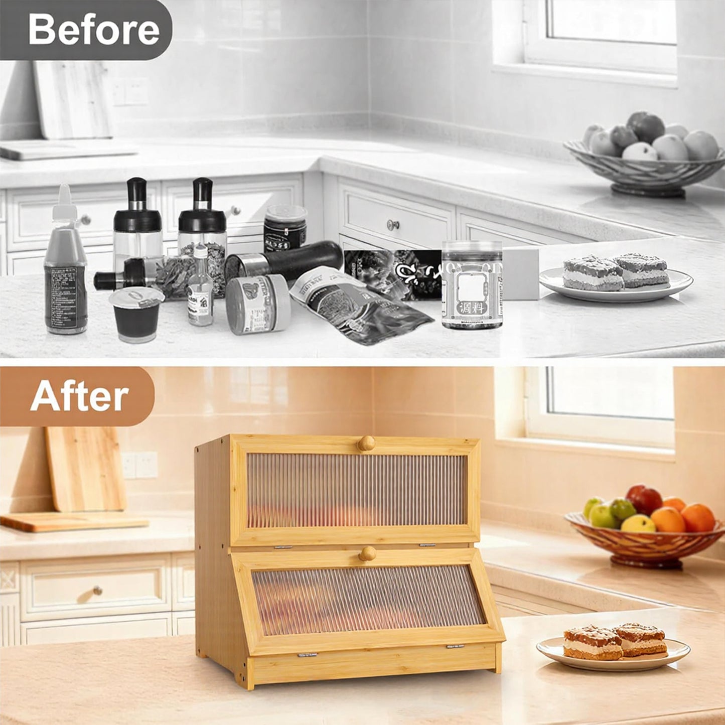 BN-LINK Double Layer Bamboo Bread Box, Large Capacity Bread Storage Bin with Window, Farmhouse Food Organizer for Kitchen Counter, Natural Bamboo
