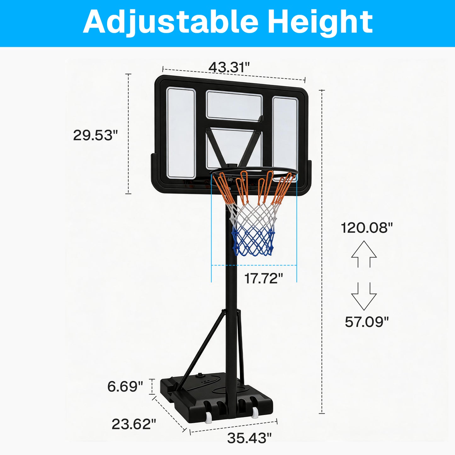 BN-LINK Portable Basketball Hoop, 4.75 FT-10.01 FT Height Adjustable Basketball Hoop Outdoor, 43” Basketball Goal with Shatterproof Backboard for Kids,Teens,Adults