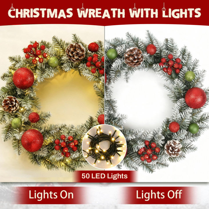 BN-LINK 24 Inch Pre-Lit Artificial Christmas Wreath, 8 Lighting Modes & 50 LED Lights & 180 Branch Tips, X-max Decoration for Home Wall Window Porch