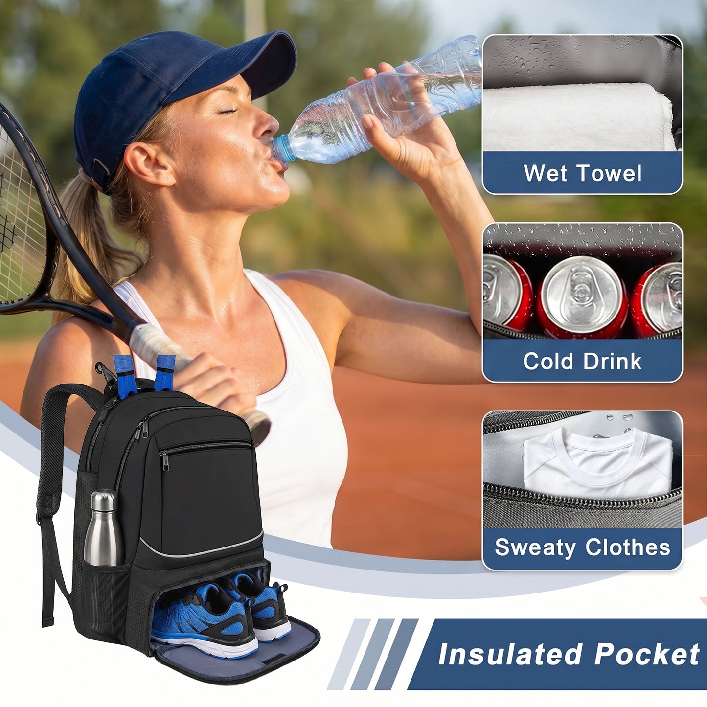 Behome Tennis Bag Holds 2 Rackets, Tennis Backpack with Breathable Padded Straps, Fence Hook, Insulated Pocket & Ventilated Shoe Compartment, Water Resistant Tennis Bags for Women, Men