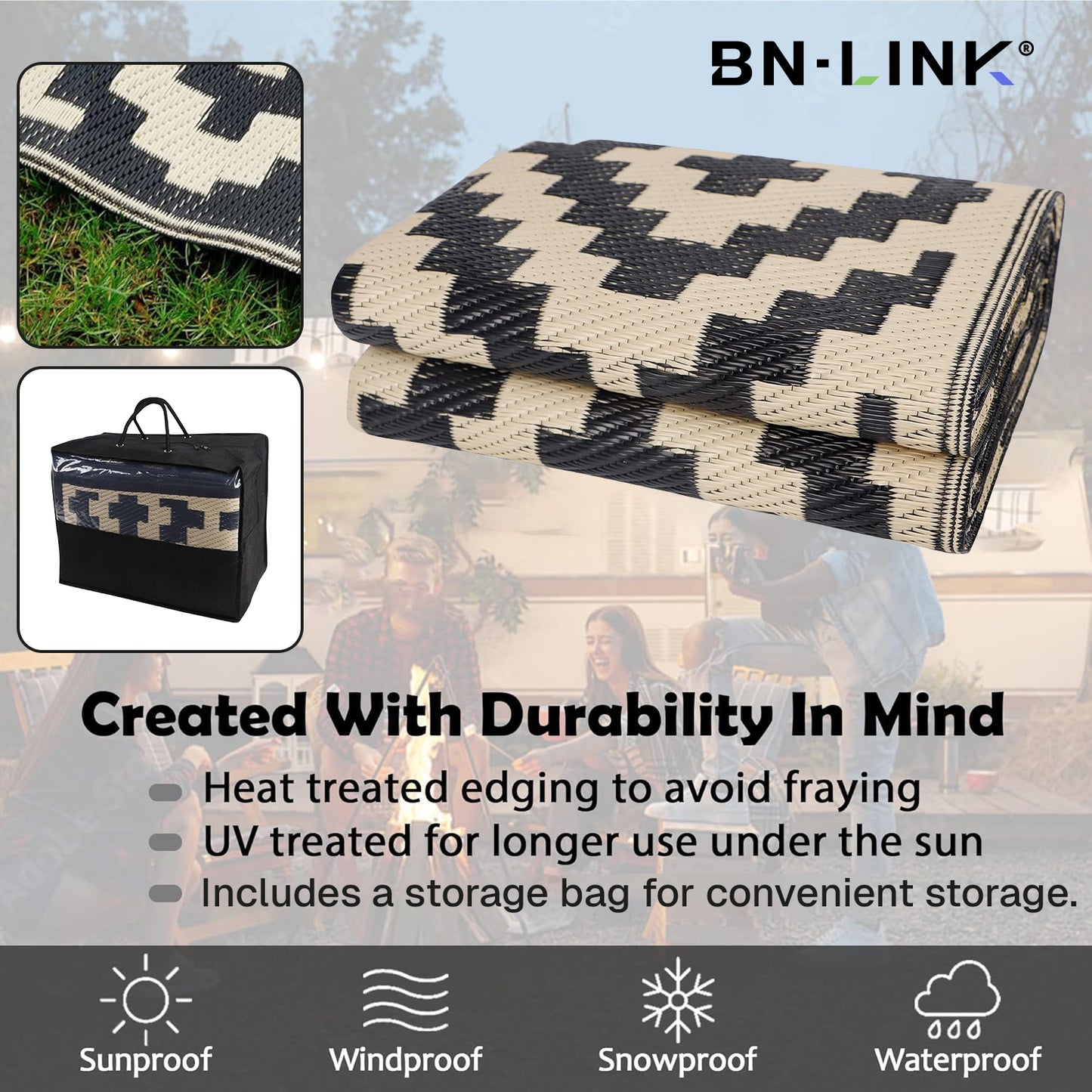 BN-LINK 5' x 8' Waterproof Outdoor Rug with Storage Bag, Reversible Plastic Straw Large Area Rug, Easy-Cleaning Modern Floor Mat for Outdoors, RV, Patio, Backyard, Deck, Picnic, Beach