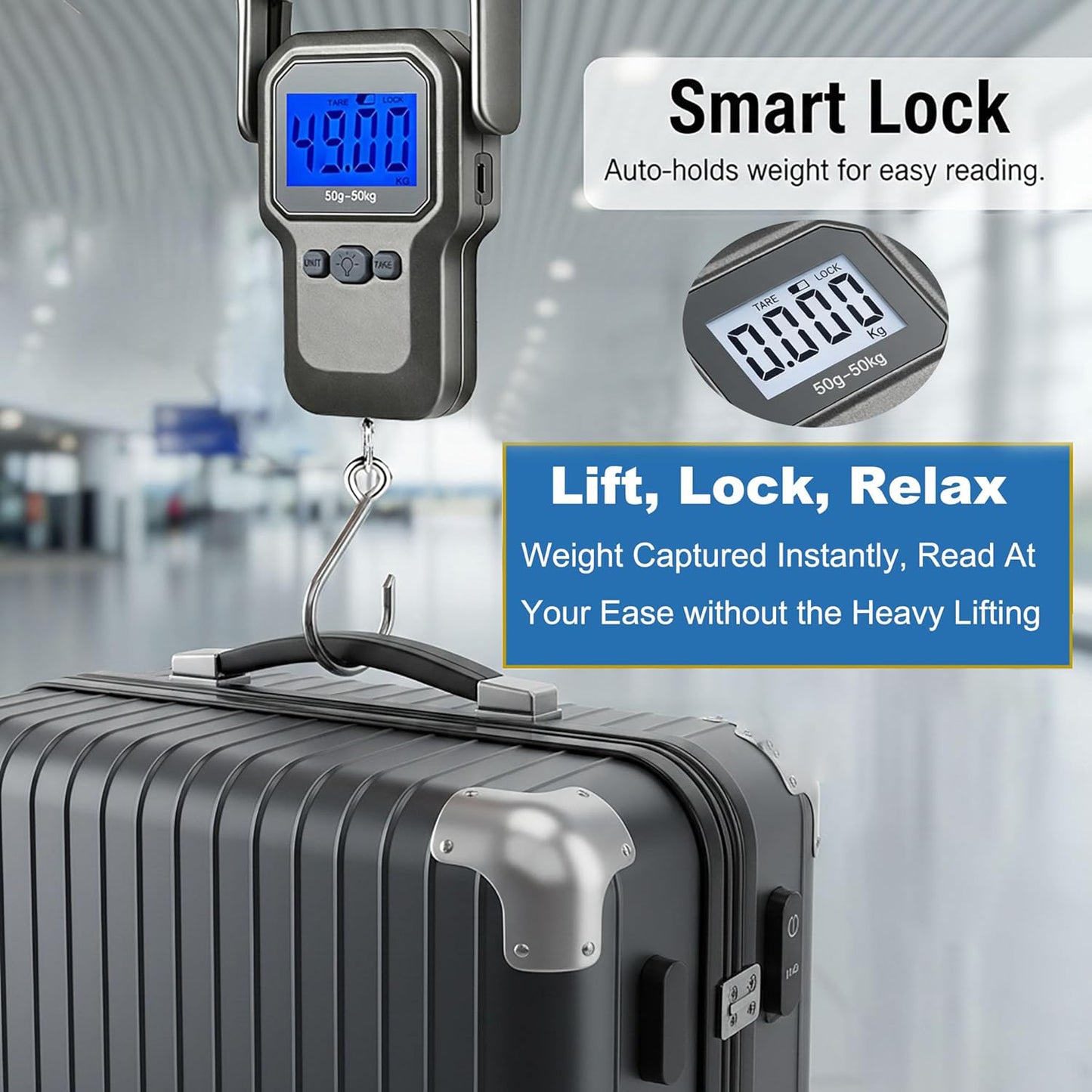 Behome Digital Fish Scale with Measuring Tape, Hanging Luggage Weigh Scale with Backlit LCD Display & Large Handle, Travel Scale for Outdoor, Hunting, Fishing, 110 Pounds, Battery Included