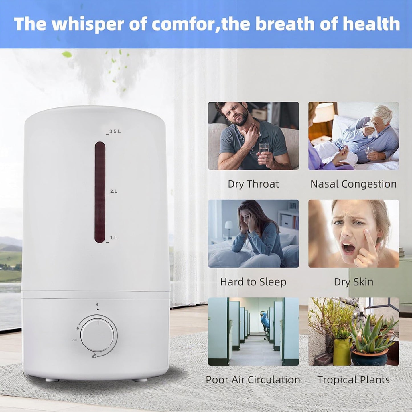 BN-LINK Humidifiers for Bedroom, 4L Water Tank and Stepless Adjustment, Quiet Cool Mist with 360°Nozzle, for Home, Plants, Indoor