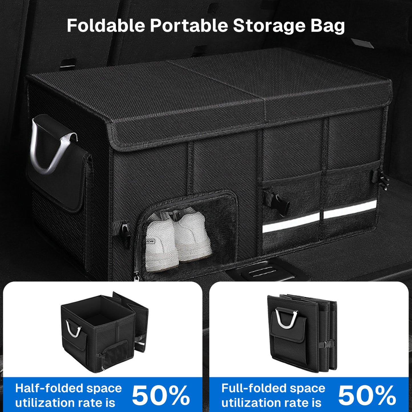 BN-LINK Car Trunk Organizer,52L Foldable Trunk Organizer, Aluminium Alloy Handle Car Storage Organization for Car,SUV, Truck, Black