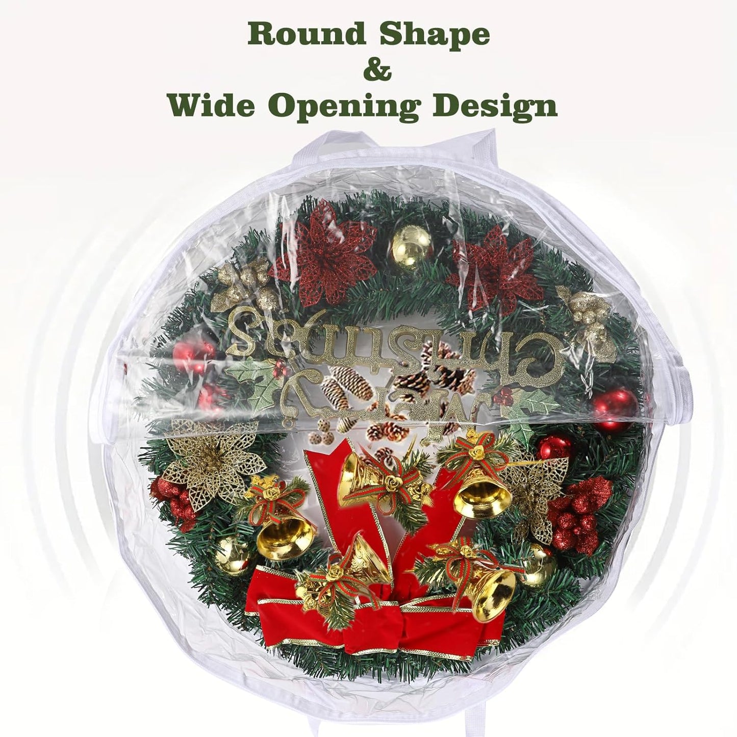 Behome 2 Pack Christmas Wreath Storage Bag, Clear Christmas Decoration Garland Container, Durable Zipper PVC Holiday Wreaths Storage Holder with Handles (White, 24”)