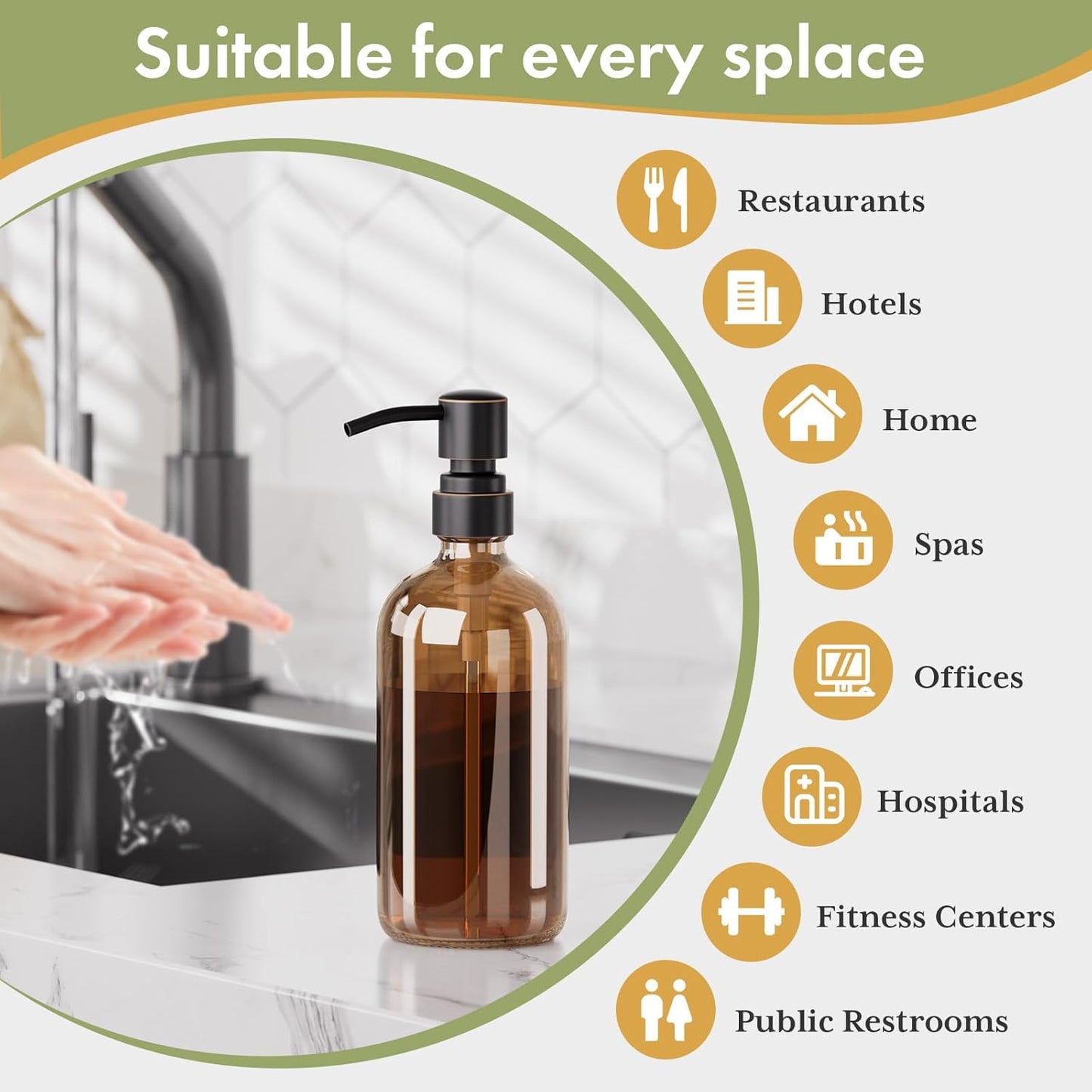 Behome 2 Pack Glass Soap Dispenser with Labels, 17 Oz Amber Hand Soap Dispensers with Stainless Steel Pump, for Essential Oil, Lotion