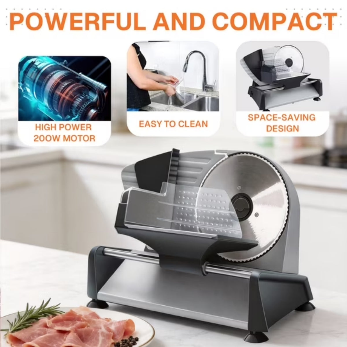 Behome Meat Slicer 200W Electric Automatic Meat, Deli Food Slicer ,Adjustable Thickness for Home Use,Removable 7.5 IN Stainless Steel Blade & Food Pusher,Cuts Meat, Bread and Cheese