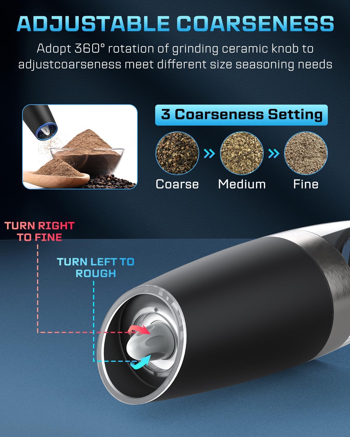 BN-LINK Gravity Electric Pepper and Salt Grinder Set, 2pack Battery Operated Automatic Pepper Mill Grinder with LED Light, Adjustable Coarseness, One Hand Automatic Operation, for Home Kitchen BBQ