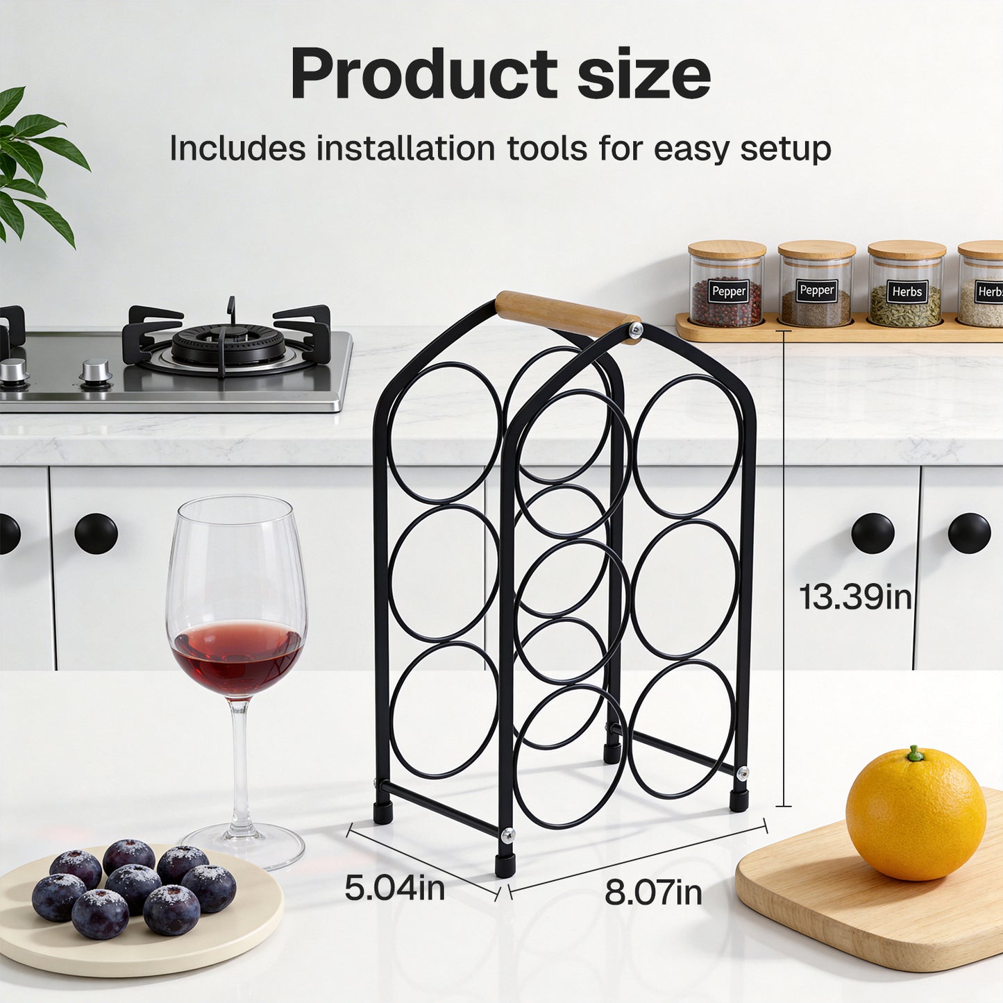 Behome Countertop Wine Rack, 6 Bottles Tabletop Metal Arched Wine Bottle Holder, Wood Handle, for Home Decor, Bar, Wine Cellar, Cabinet, Pantry, etc