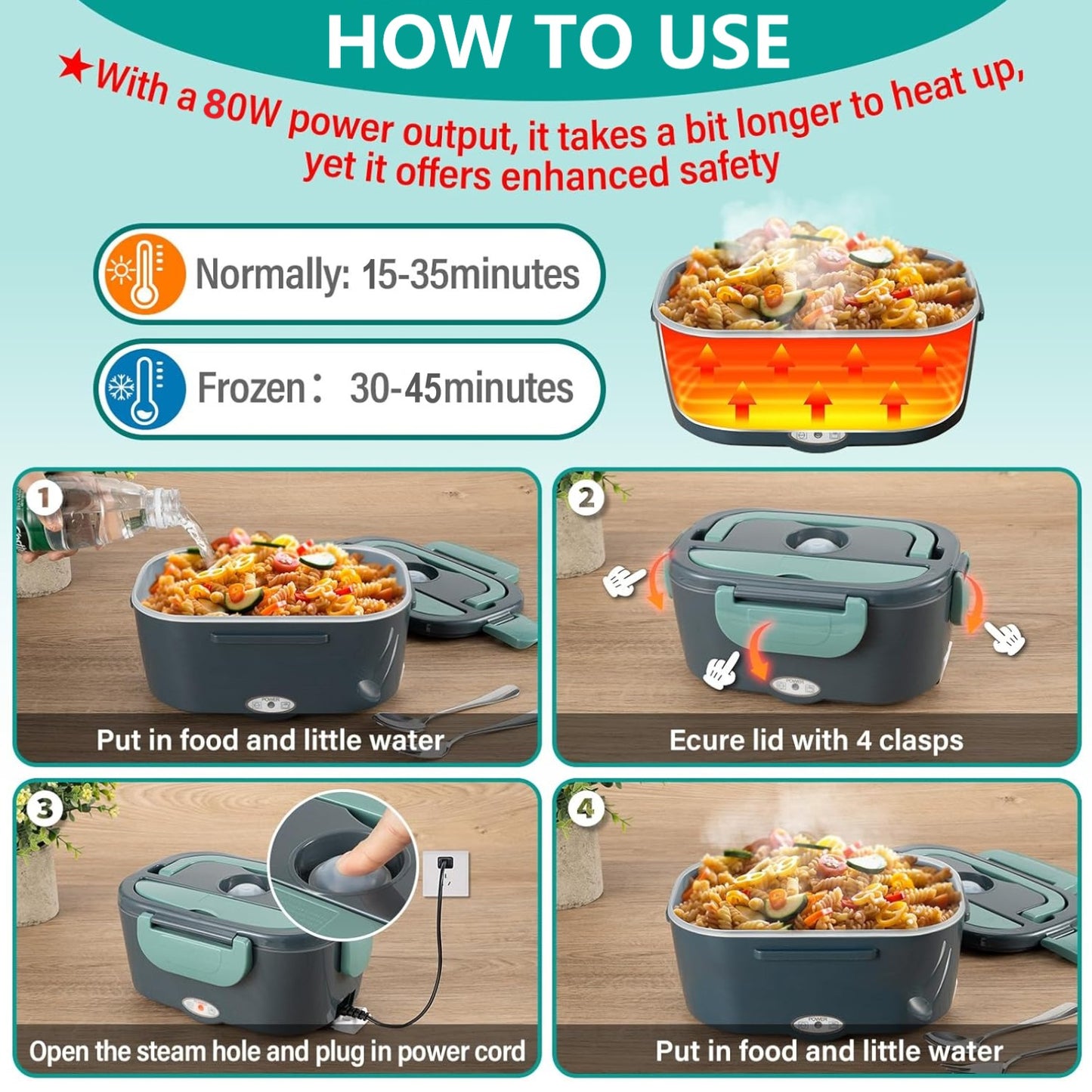 Behome Electric Lunch Box, 3 in 1 Heated Lunch Boxes for Adults, Stainless Steel Food Warmer with 1.5L Container Fork & Spoon, for Work/Car/Truck/Travel