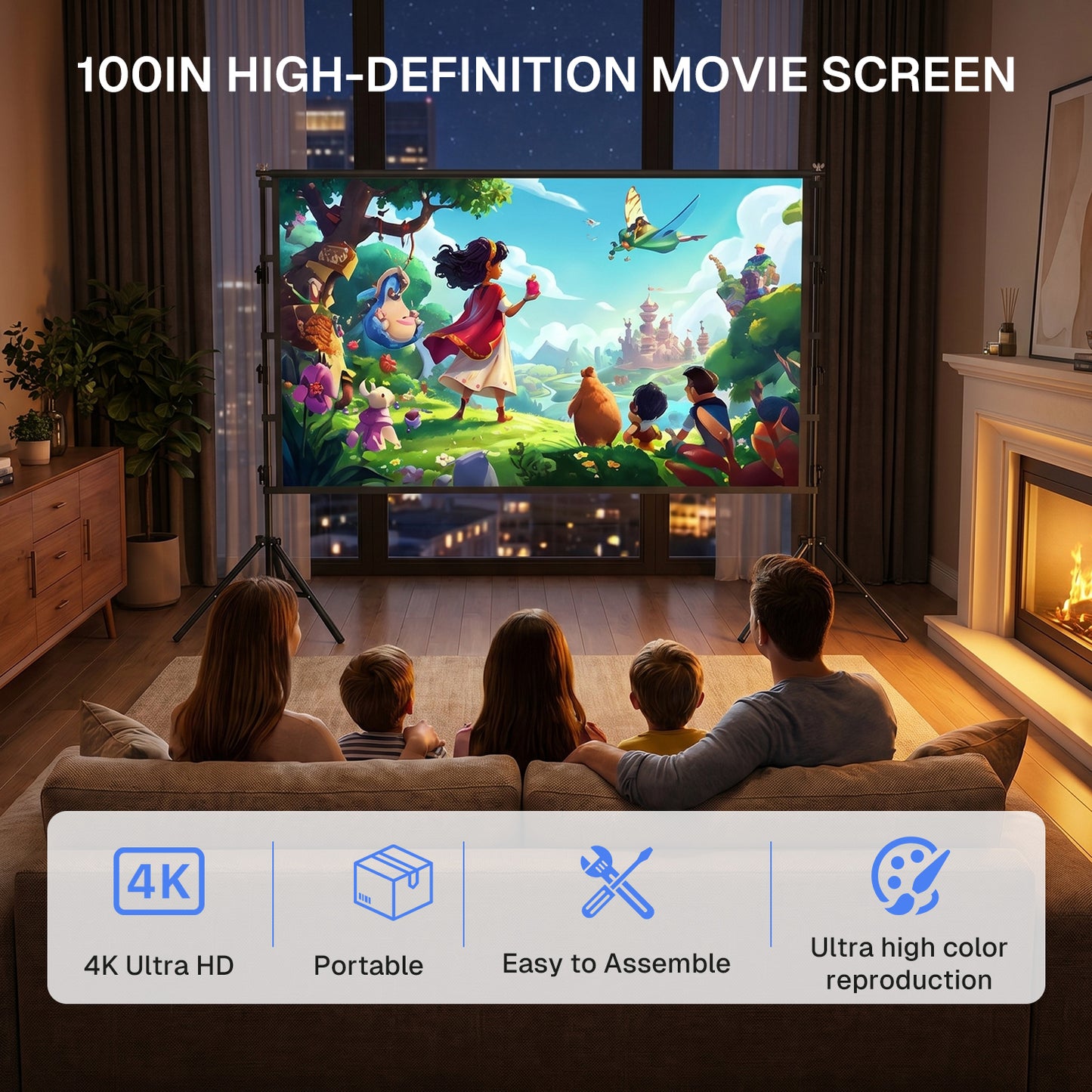 BN-LINK 100 inch Projector Screen with Stand, 16:9 4K HD Portable Movie Screen Indoor Outdoor, Foldable Wrinkle-Free Projection Screen for Home Theater, Camping,Parties