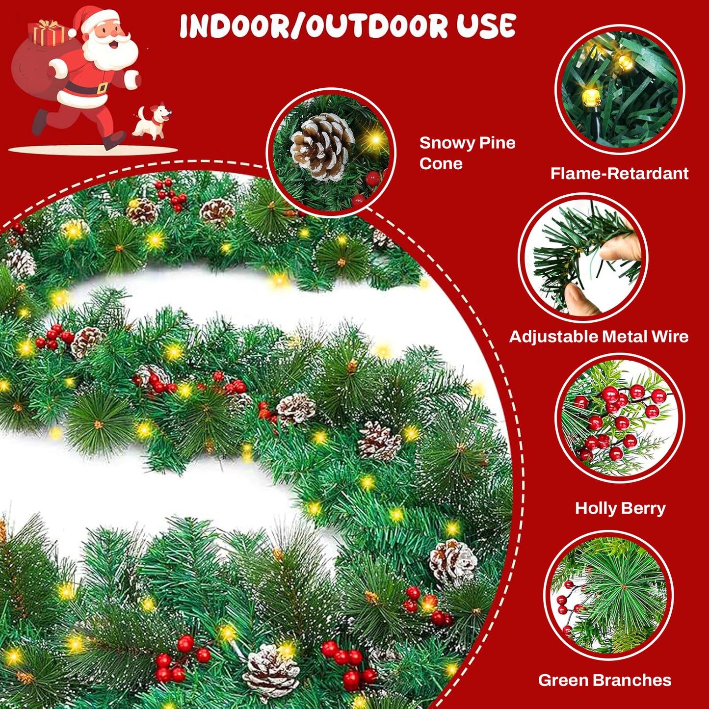 BN-LINK 9Ft Christmas Garland with 8 Lighting Modes, Battery Operated Garland with Pine Cones Red Berries, 50 LED Lights & 240 Branch Tips, Christmas Decor for Indoor Outdoor Home
