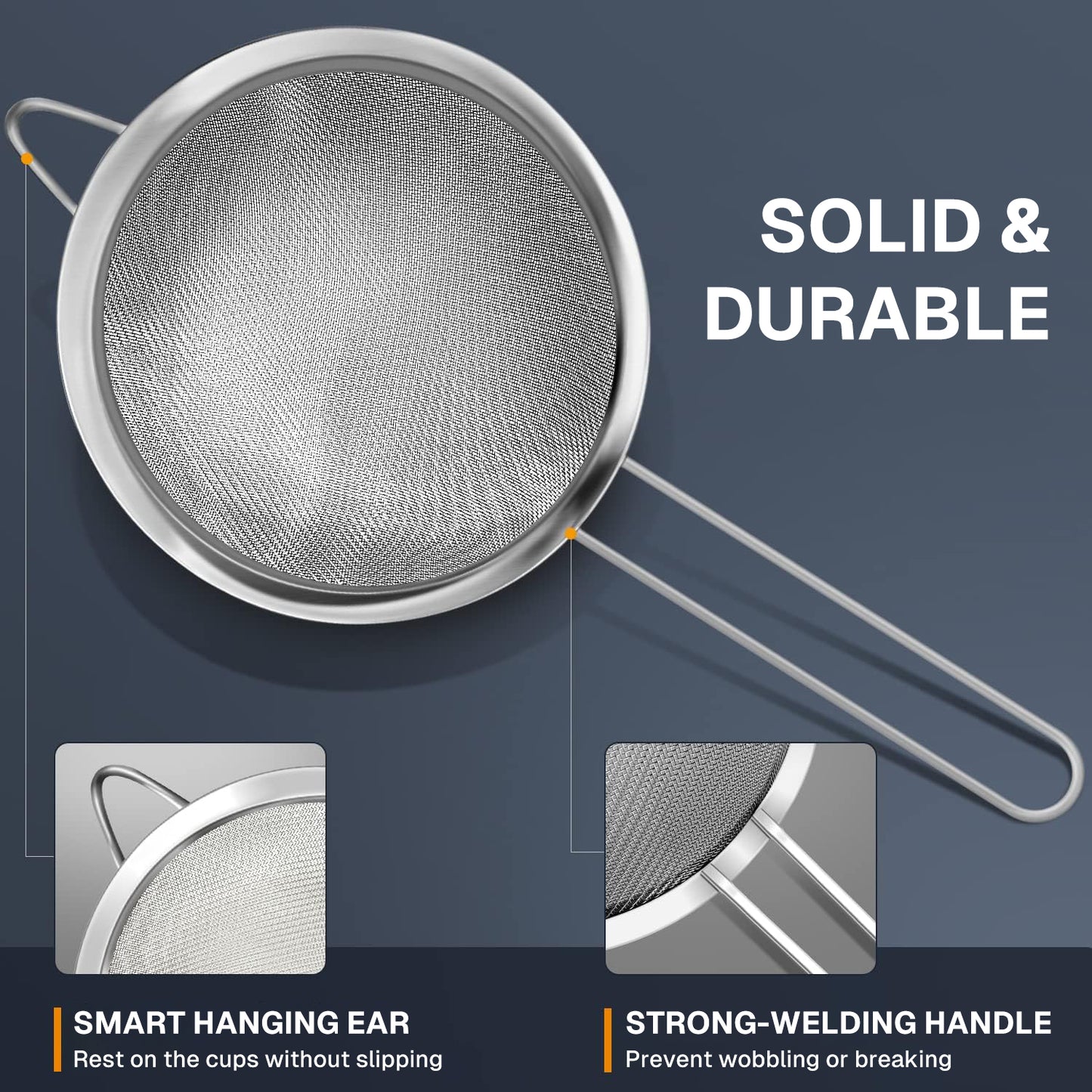 Behome 3 Pack Fine Mesh Strainer with Handle, Stainless Steel Sifters, for Straining, Sifting, Draining Vegetables, Pasta, Tea, Flour, 4.6", 5.3", 6.2"