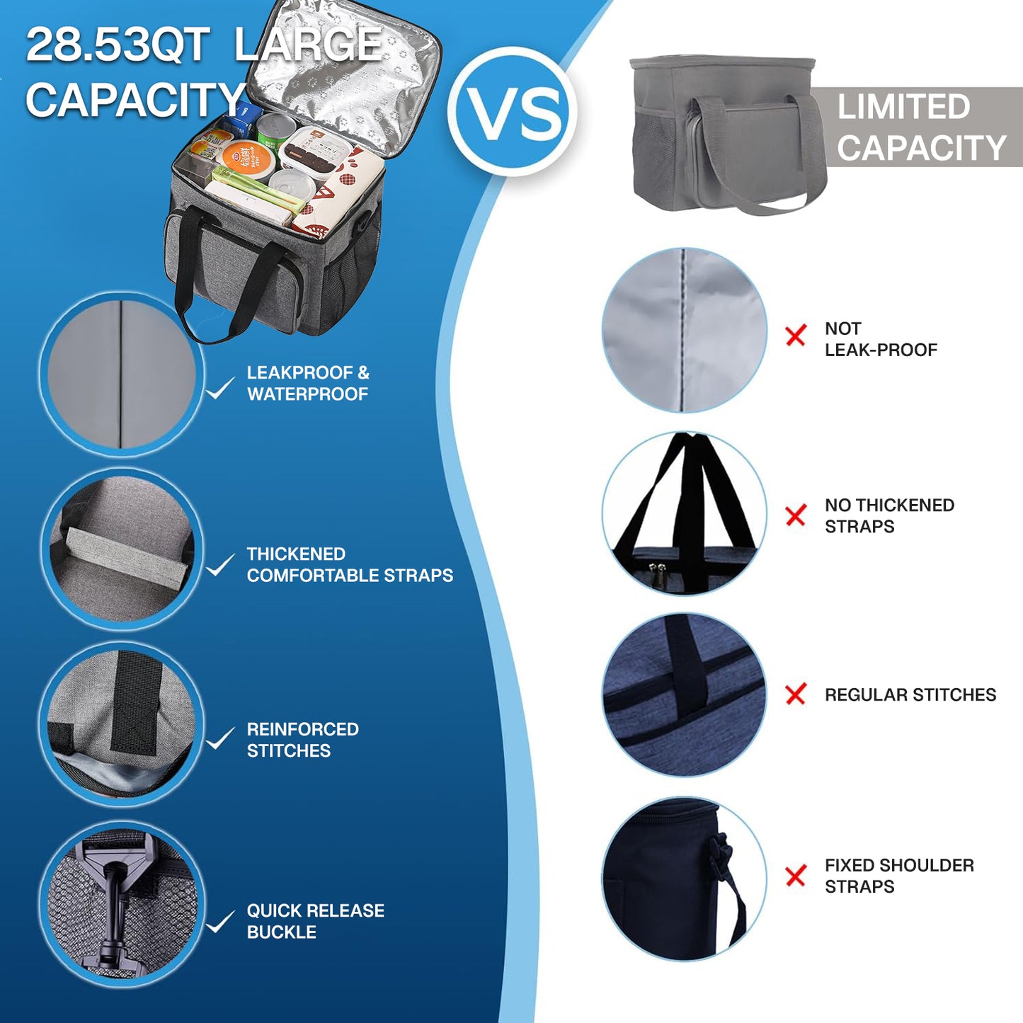 BN-LINK Soft Cooler Bag, 48 Cans Leakproof Insulated Bag,Portable Insulated Cooling for Lunch, Beach, Drink, Beverage, Travel, Camping,Picnic,Gray