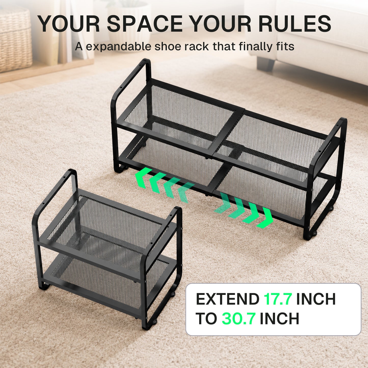 Behome 2-Tier Expandable Shoe Rack, Metal Shoe Shelf Storage, Adjustable Shoes Organizer for Closet, Entryway, Hallway, Garage, Front Door
