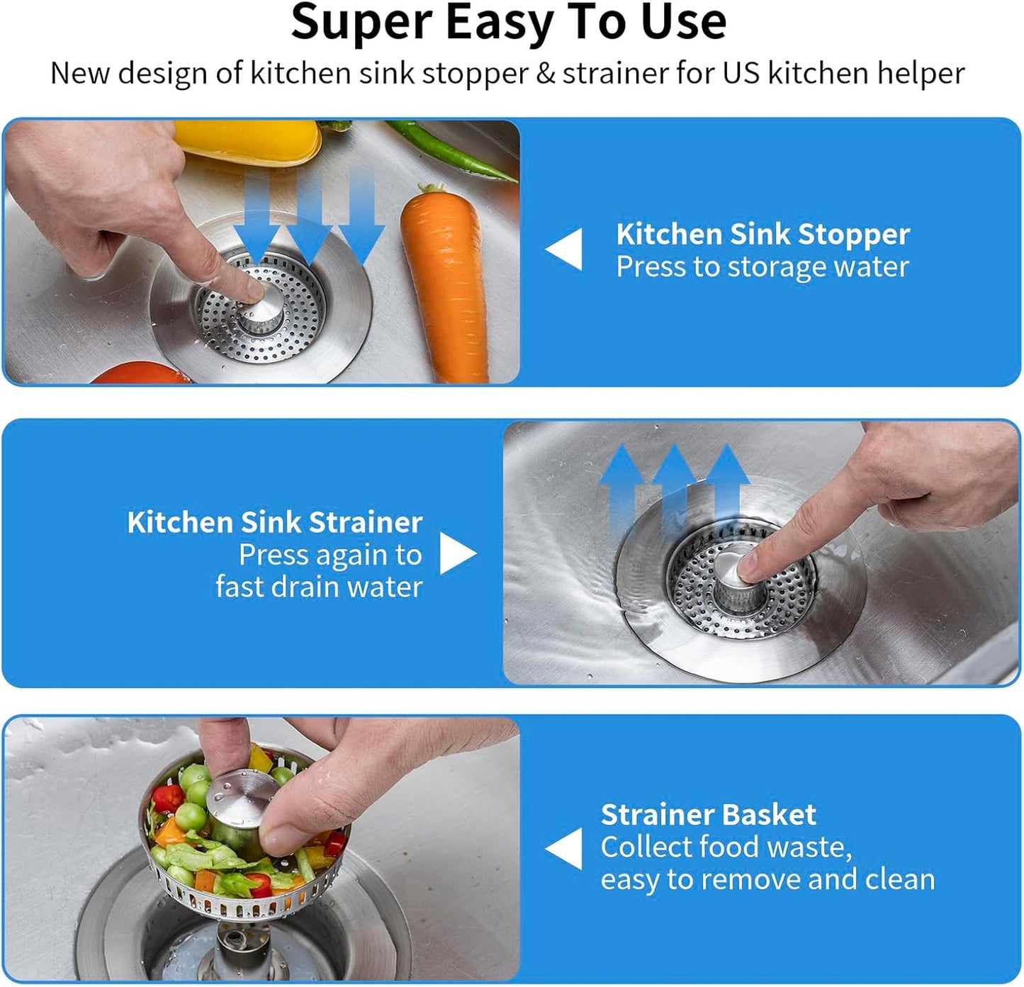 Behome 3 in 1 Kitchen Sink Drain Strainer, 304 Stainless Steel Pop Up Sink Stopper, Fits Standard 3-1/2 Inch Drain Hole, Universal Sink Protector Cover, Anti-Clogging Design, Silver