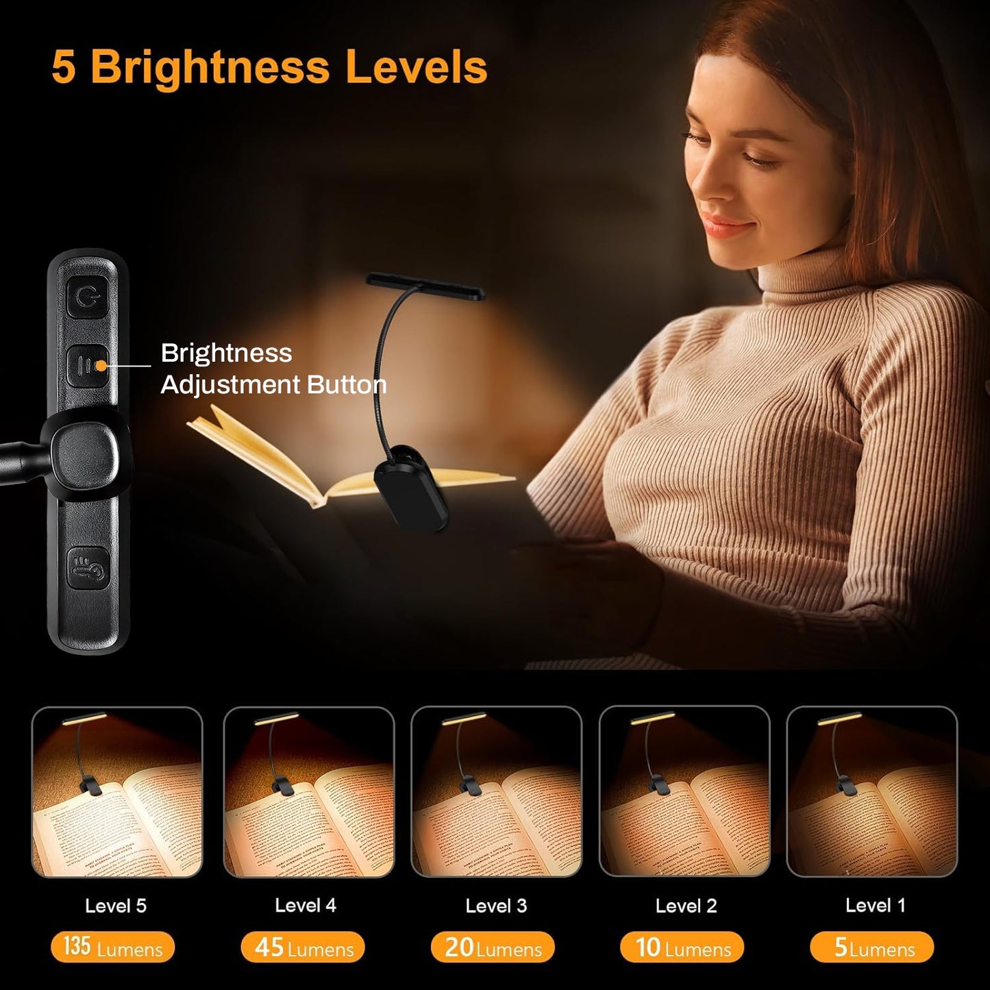 Behome Book Light, 24 LED Rechargeable Reading Light with 3 Color Temperatures and 5 Brightness Levels, Portable Clip on Reading Light for Reading in Bed, Black