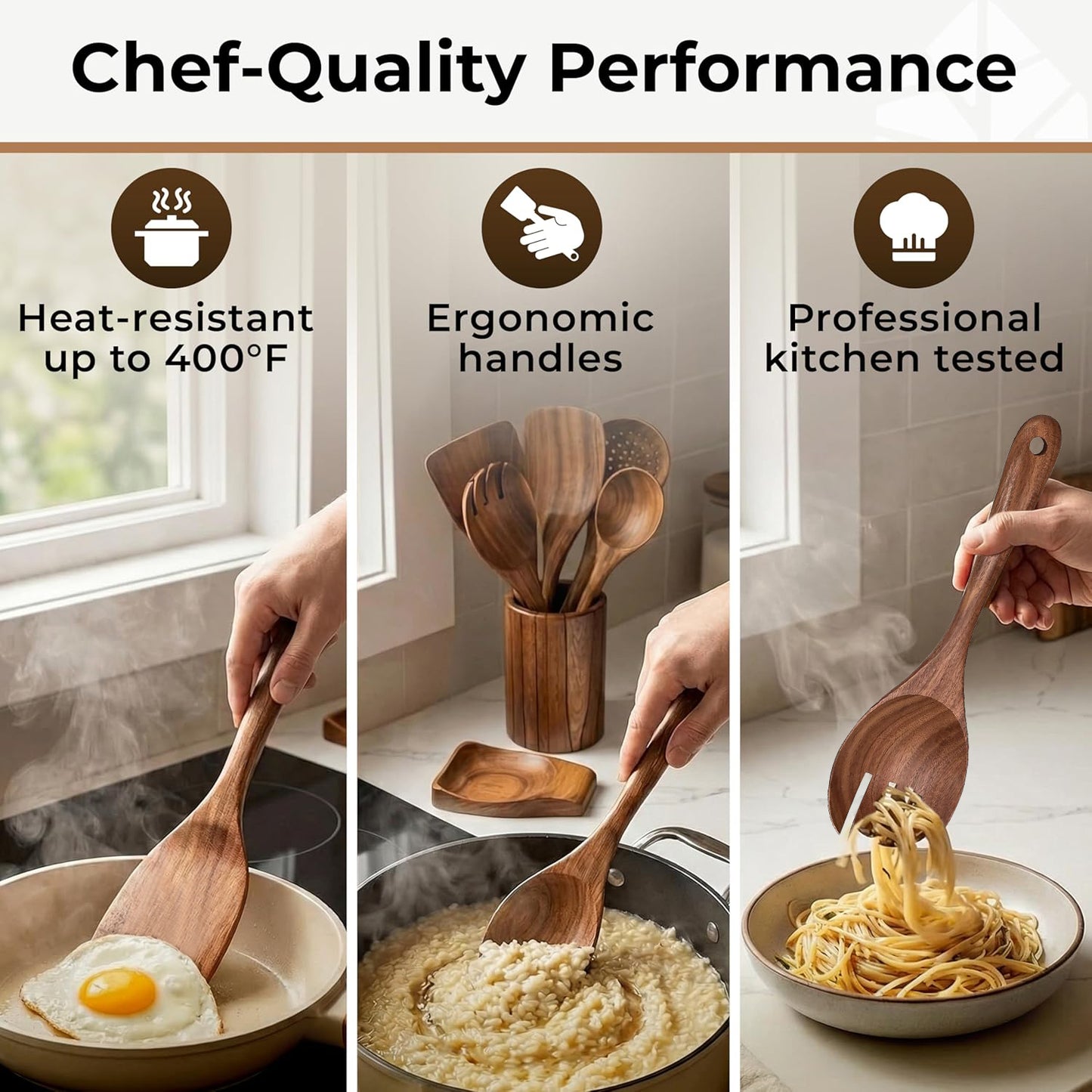 Behome 6pcs Wooden Kitchen Utensil Set, Non-Stick Cooking Utensils Set with Ergonomic Handles, Wooden Spoons for Cooking, Housewarming Gifts for Everyday Use