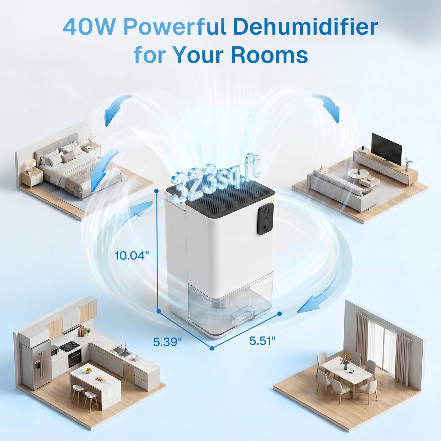 Behome Small Dehumidifiers,41 OZ Dehumidifier Quiet with Auto Shut Off，323 sq.ft Dehumidifiers for Bedroom, Bathroom, RV, 7 Colors LED Light,White