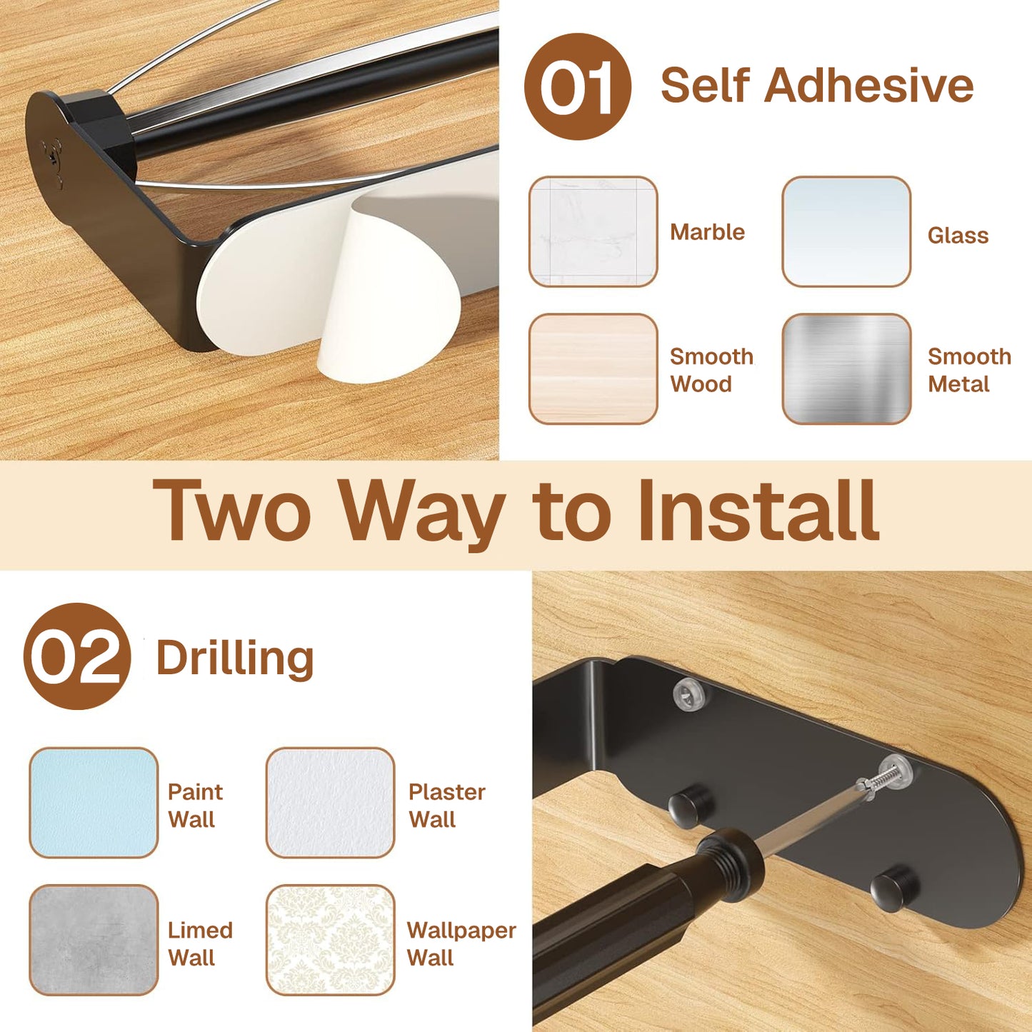 Behome Paper Towel Holder Under Cabinet, One-Handed Tear, Wall Mount Stainless Steel Paper Roll Holder with Damping Effect, Self-Adhesive or Drilled for Kitchen, Bathroom