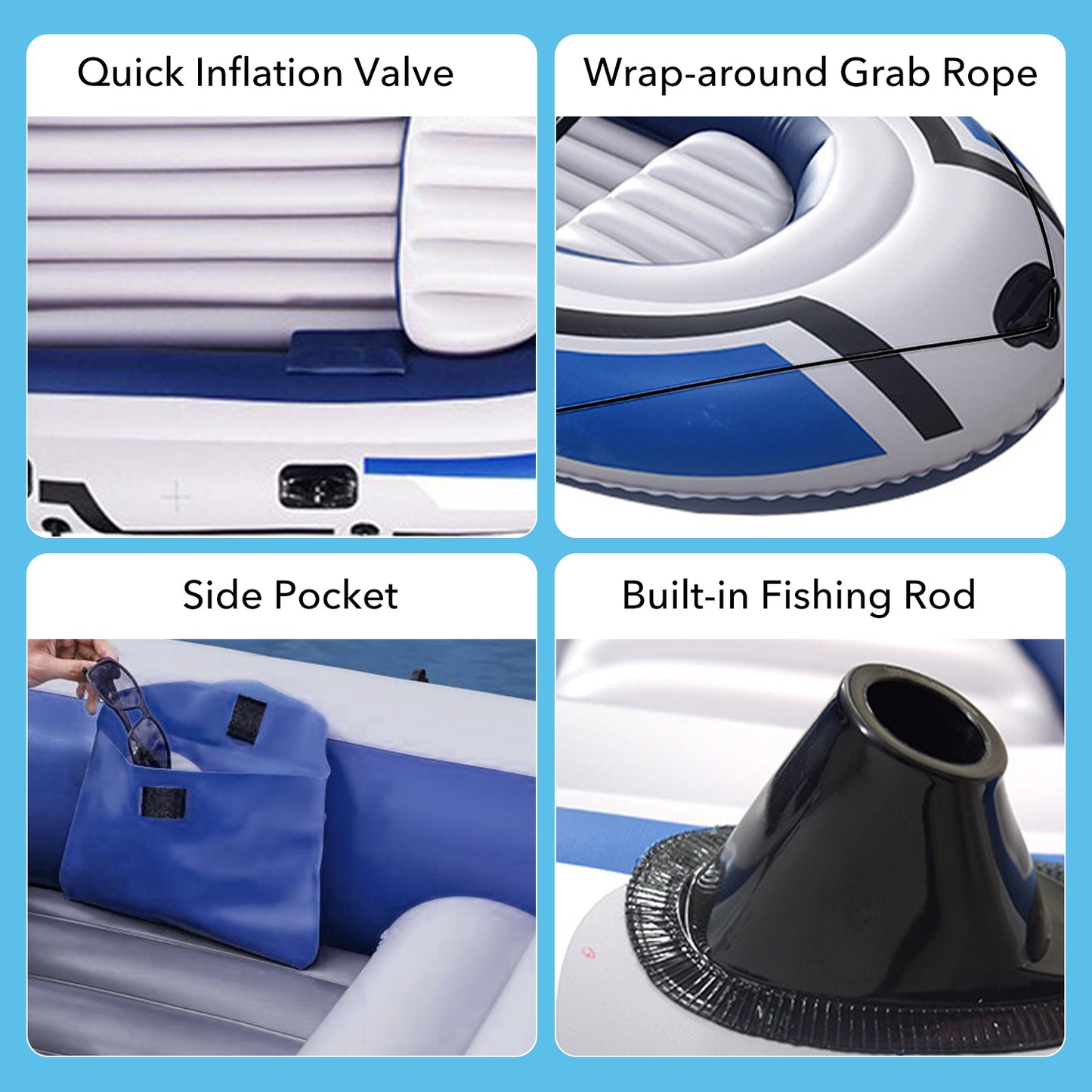 BN-LINK 4-Person Inflatable Boat Series with Seats, Inflatable Raft with a Pair of Deluxe Oars, High-Output Pump, Detachable Fishing Rod Holders, Fishing Boat for Ponds, Lakes, Rivers