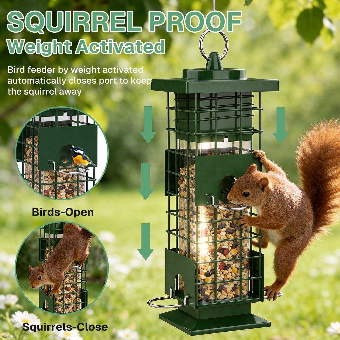 BN-LINK Squirrel Proof Bird Feeder, Metal Bird Feeder with 4 Ports, Chewing Proof&amp; Rust-Resistant, 3 lb Capacity, Outdoor Hanging Birdfeeder for Wild birds,Green