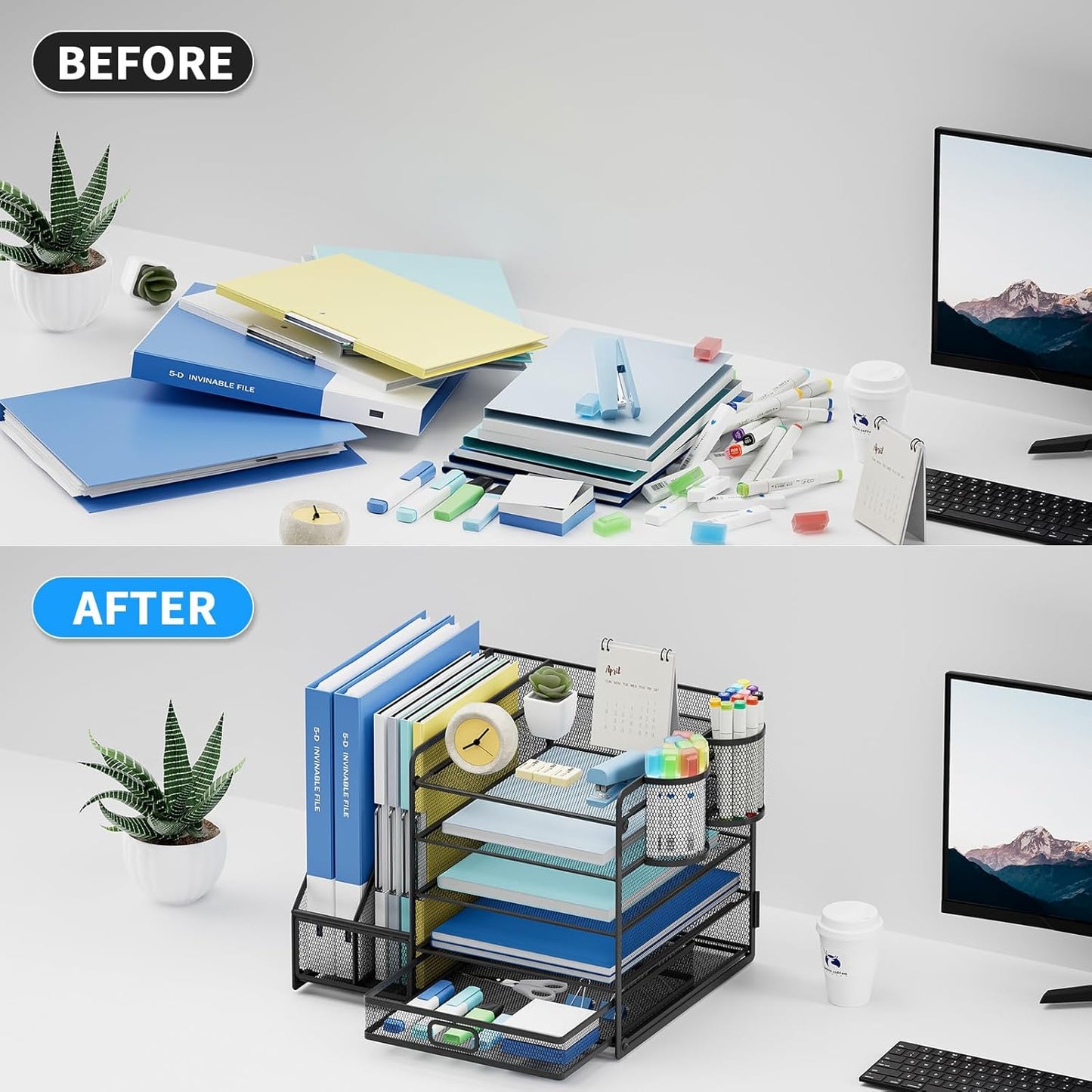 Behome Desk Organizer with File Holder, 5-Tier Desktop File Organizer with Drawer and 2 Pen Holders, Desk File Organizer for Office, Home or School, Black