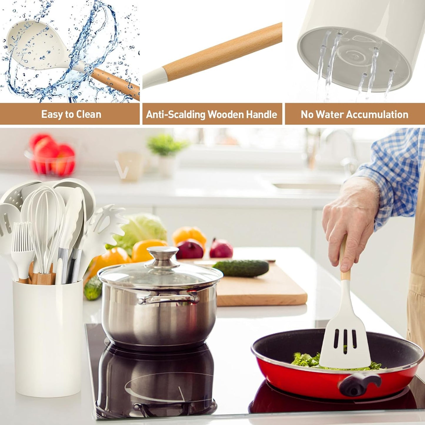 Behome Cooking Utensils Set, 12 packs Non-Stick Silicone Cooking Kitchen Utensils Spatula Set with Wooden Handles and Holder, Heat Resistant Food Grade Kitchen Utensils, White