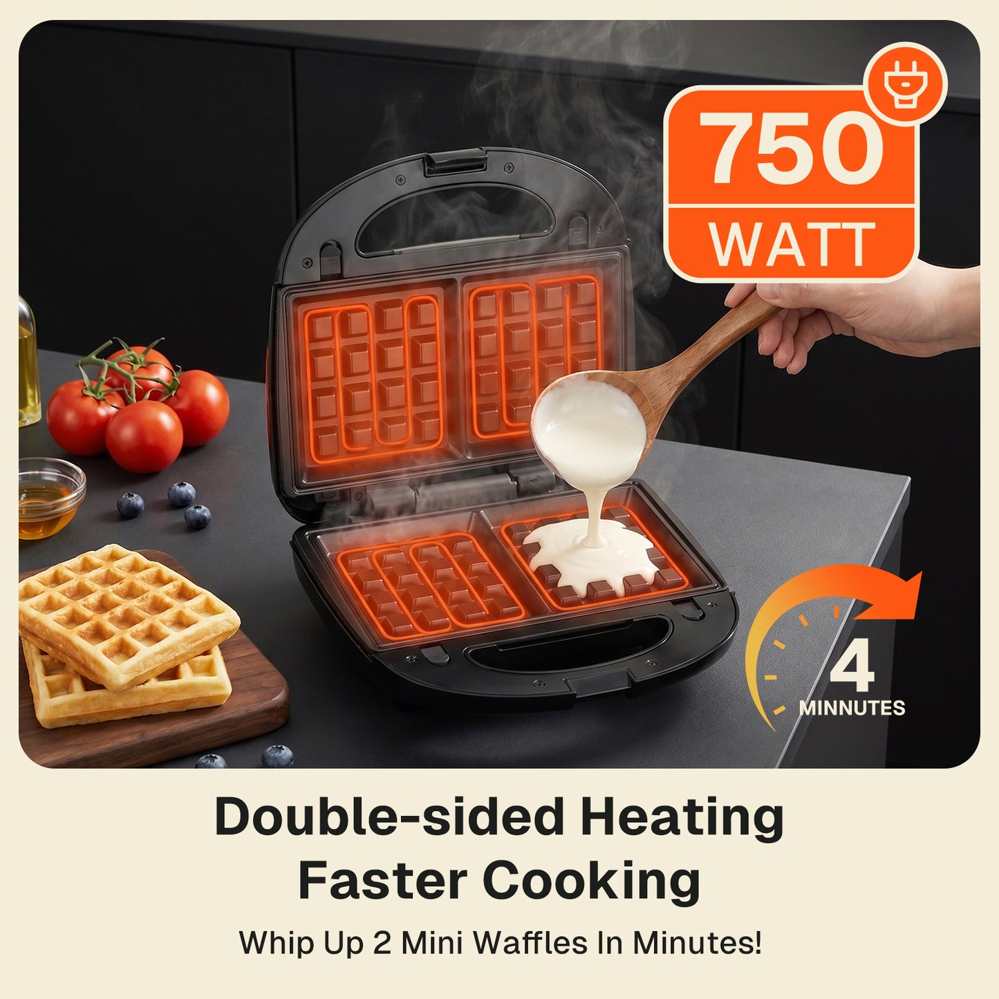 Behome 3 in 1 Waffle Maker with Nonstick Plates, Electric Sandwich Maker with Indicator Light, Sandwich Press Grill for Breakfast, Ham, Steaks, Black