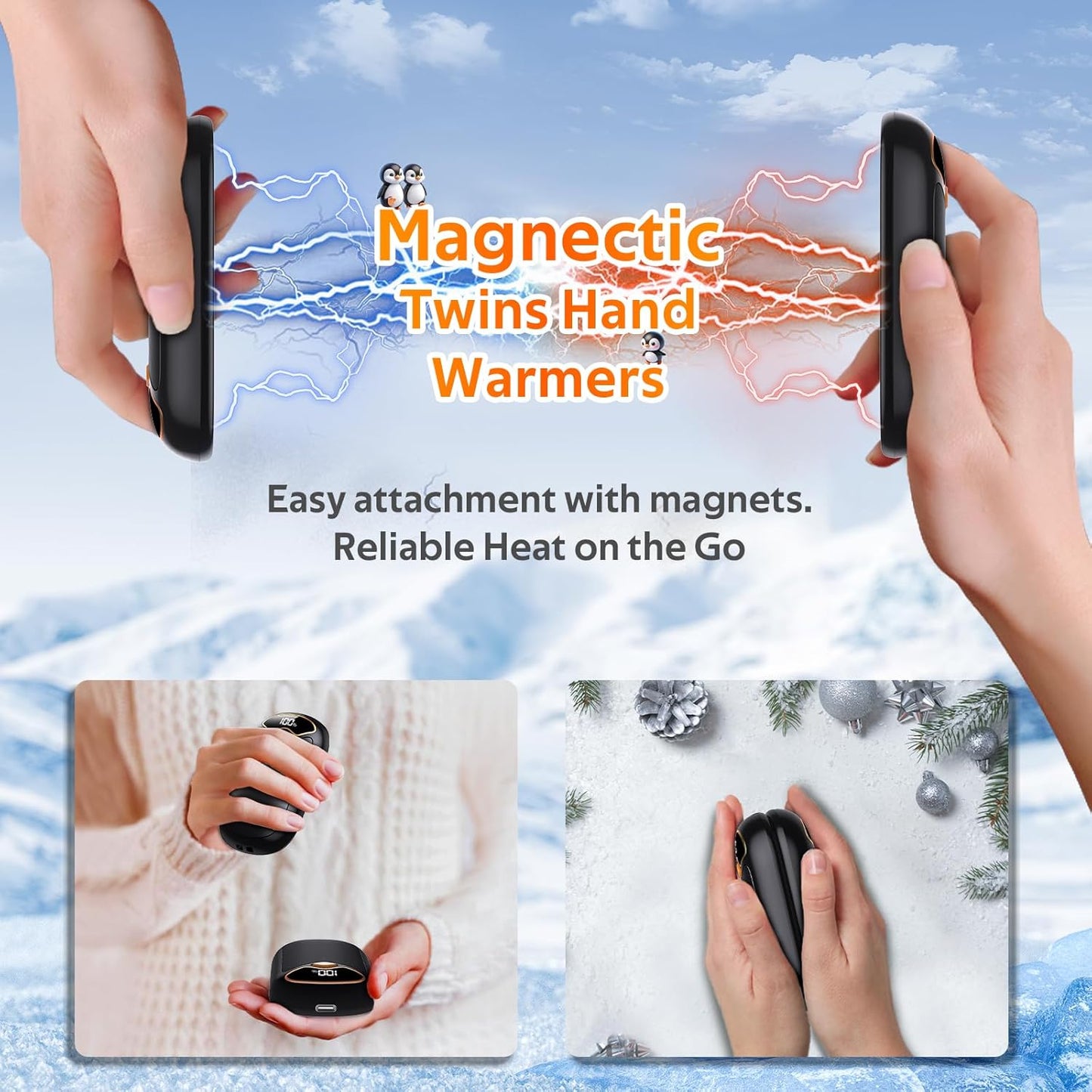 Behome 2Pack Magnetic Hand Warmers Rechargeable, Electric Hand Warmers With 3 Temperature Settings, Portable Pocket Heater for Winter & Outdoor, Gift for Men Women