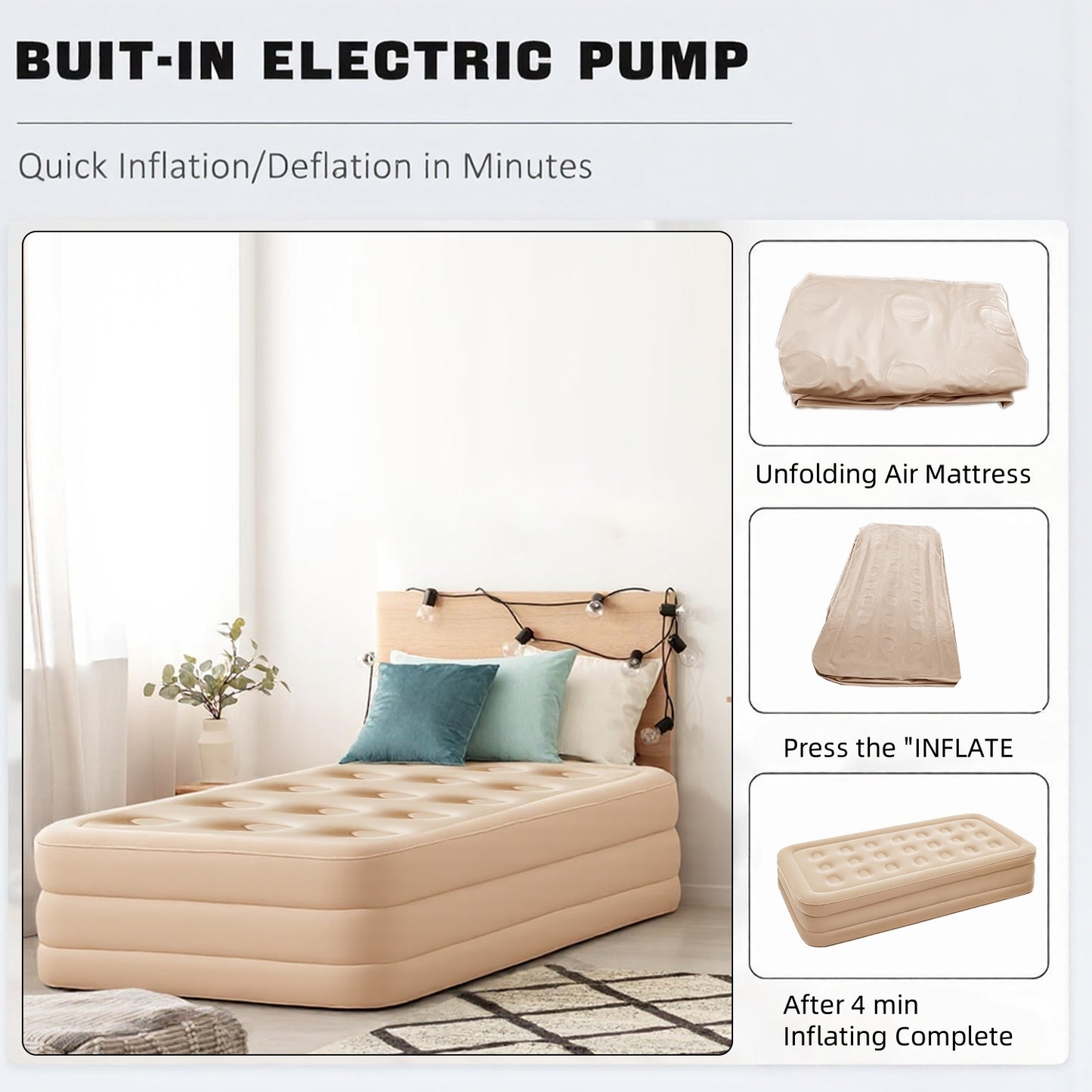 BN-LINK Twin Air Mattress, Air Mattress with Built in Pump, Inflatable Air Mattress for Guests, Camping & Home, 330lb Weight Capacity, 75 x 39 x 16 Inches, Khaki