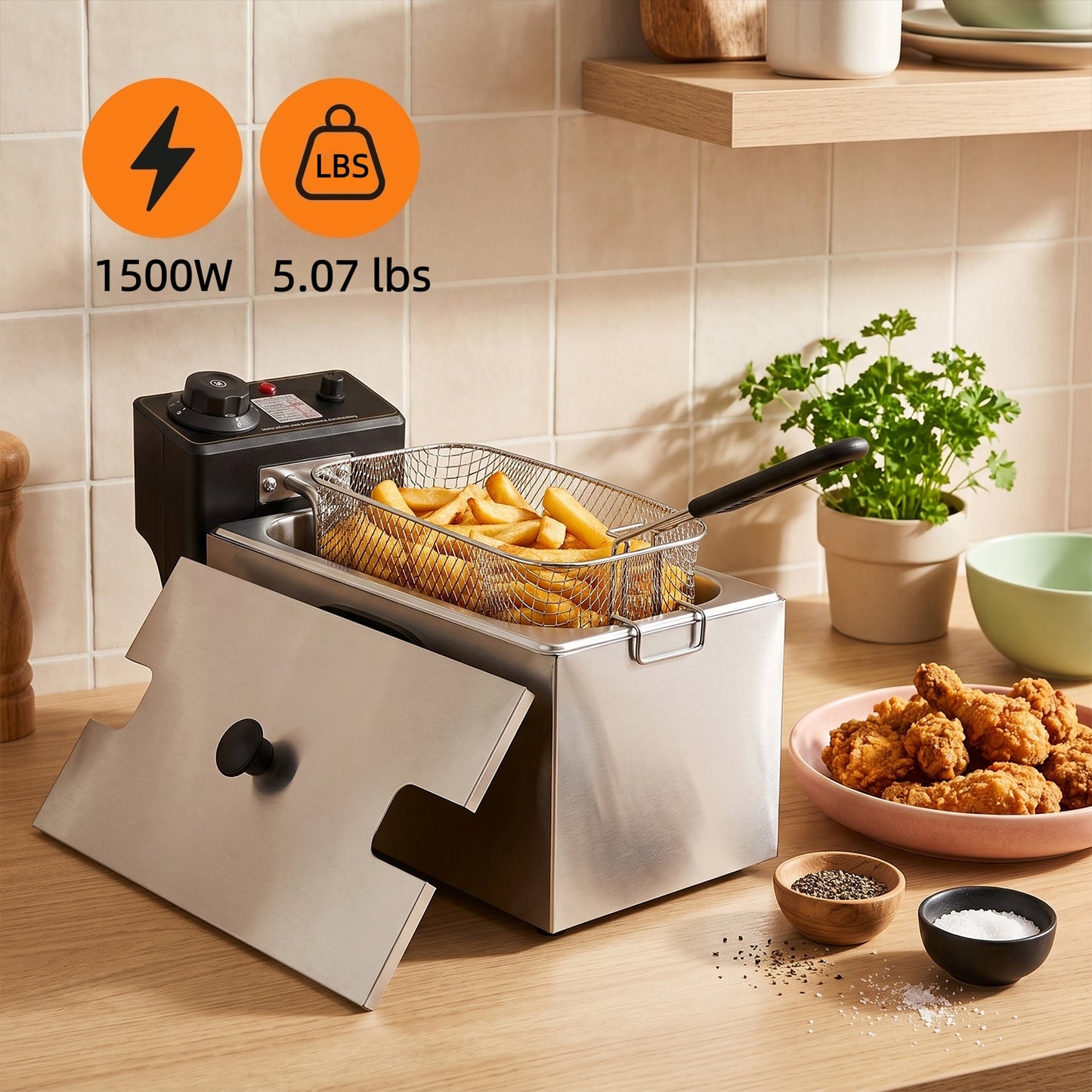 Behome Deep Fryer with Basket, 1400W 4.23QT/4L Thickened Stainless Steel Countertop Electric Oil Fryer, Easy Clean with Adjustable Temperature & Timer, Silver