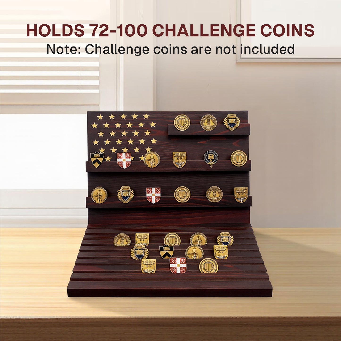 Behome Challenge Coin Display, 12-Row Solid Wood Coin Holder with Sloped Base, Holds 72-100 Coins, Coin Holders for Collectors, Coins Not Included, Brown