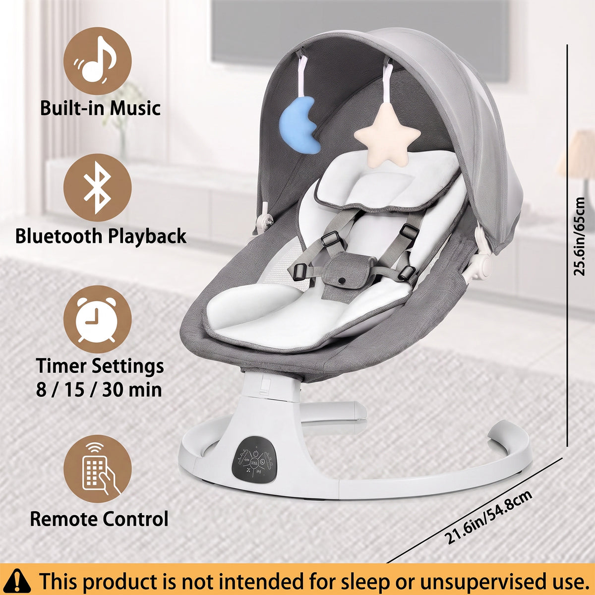 Behome Baby Swing for Infants, Bluetooth Baby Bouncer with 5 Swing Speed, 3-Stage Timer and Remote Control, Baby Swing Chair from Birth with 2 Plush Toys and a Mosquio Net, Grey