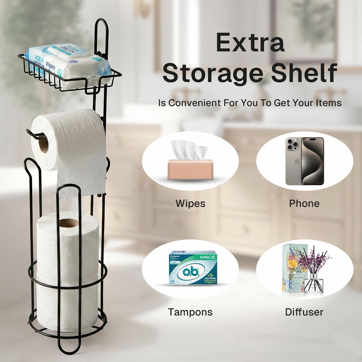 Behome Toilet Paper Holder Stand with Shelf, Freestanding Toilet Paper Holder with Dispenser for 4 Rolls, Heavy-Duty Steel Tissue Roll Storage Rack for Bathroom